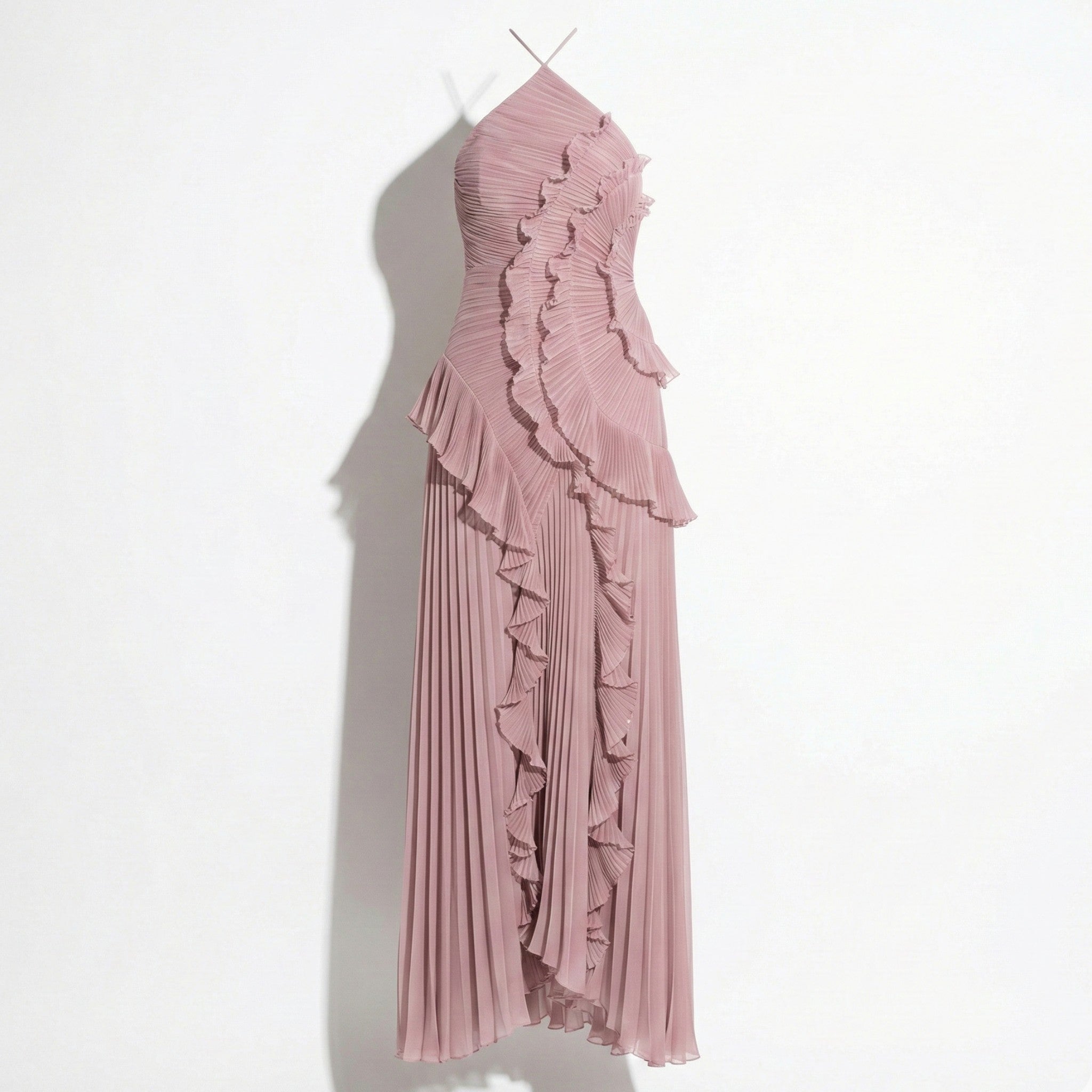 Ruby - Women's Halter Neck Ruffle Pleated Maxi Dress - Dresses - Pink - Taylor & Bennett