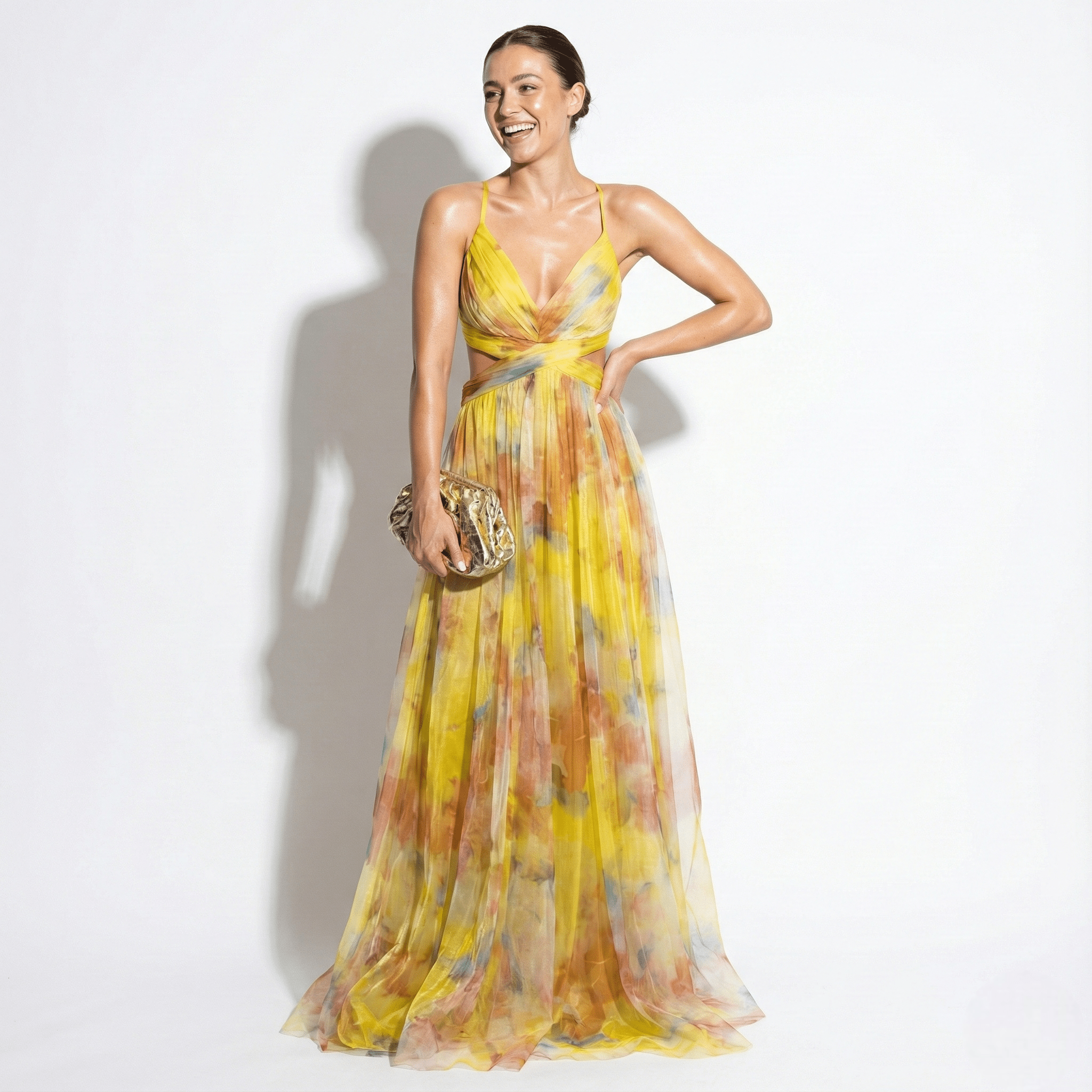 Ruby - Women's V - Neck Spaghetti Strap Floral Maxi Dress - Dress - Yellow - Taylor & Bennett