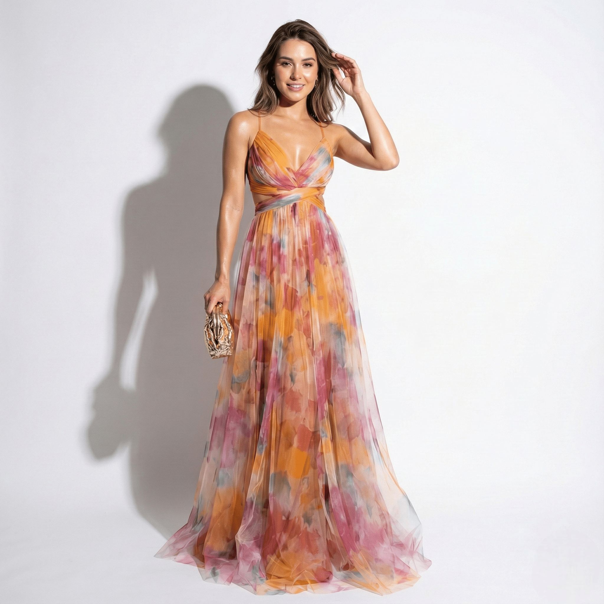 Ruby - Women's V - Neck Spaghetti Strap Floral Maxi Dress - Dress - Orange - Taylor & Bennett
