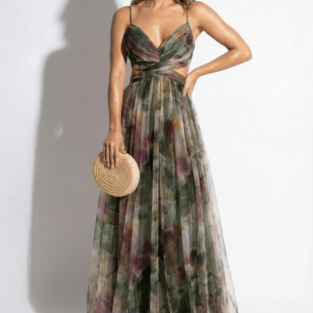 Ruby - Women's V - Neck Spaghetti Strap Floral Maxi Dress - Dress - Green - Taylor & Bennett