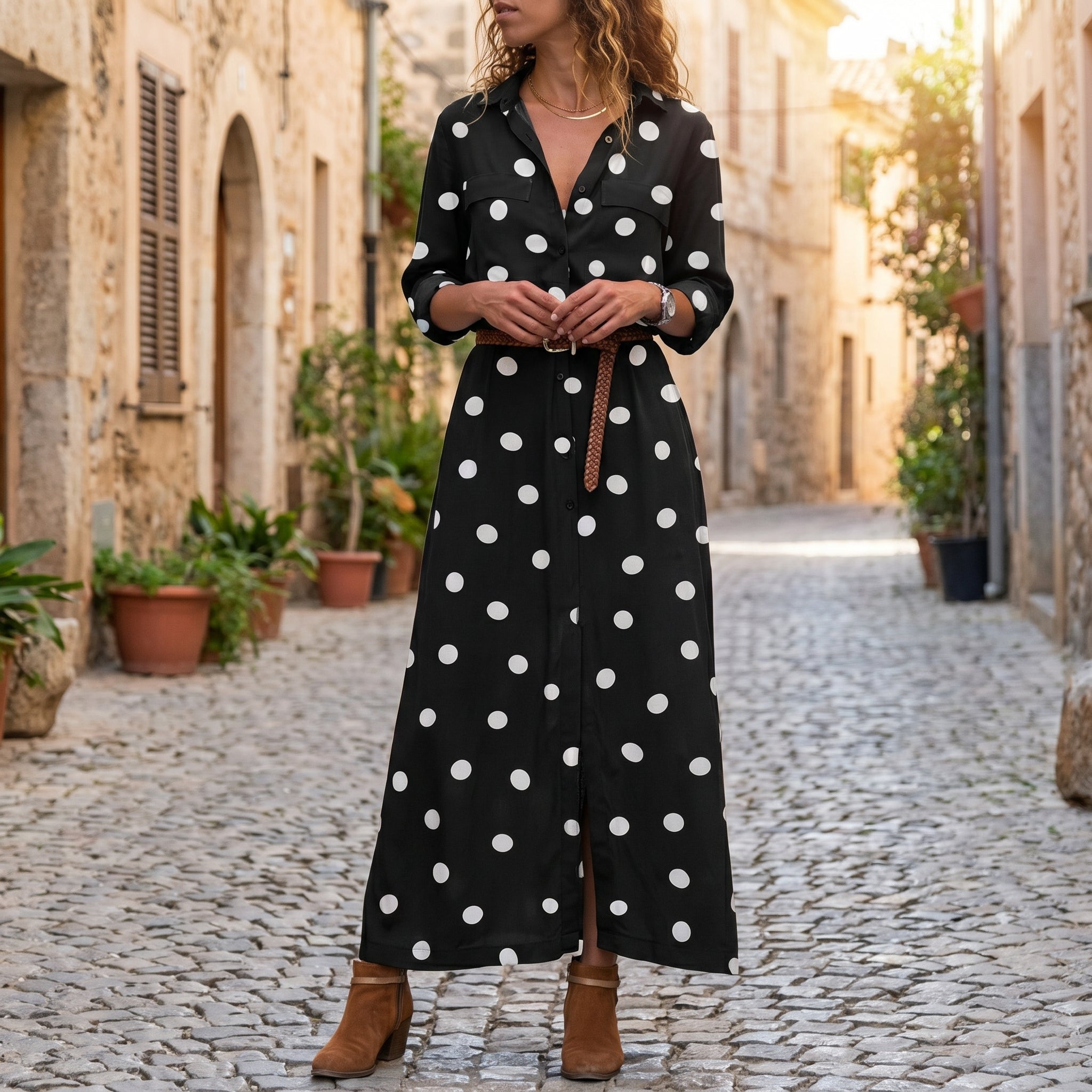 Georgia - Women's Summer Polka Dot Collared Shirt Maxi Dress