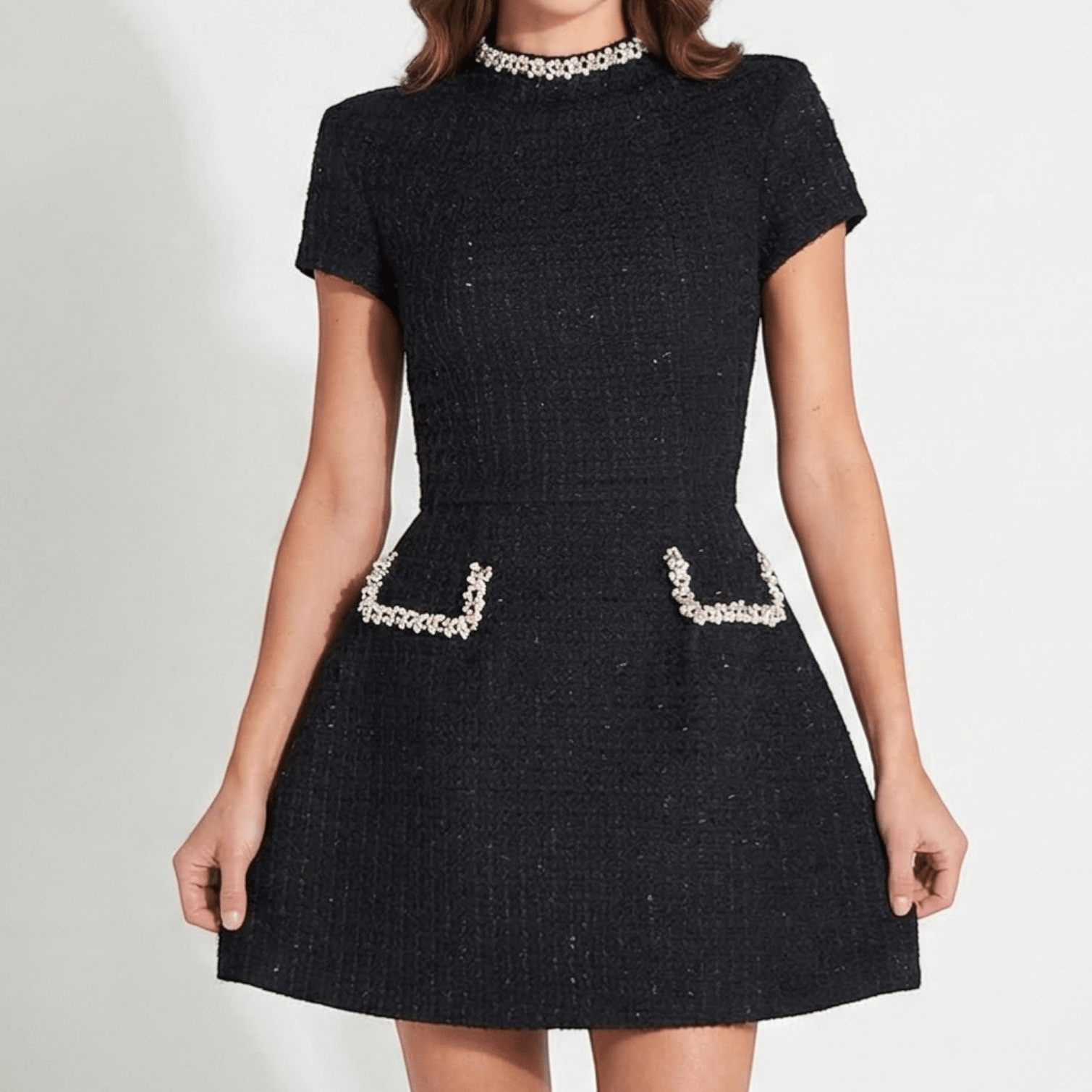 Sarah - Women's Mini Dress with Pearl Trim & Pocket Design - Mini Dress - Black - Taylor & Bennett
