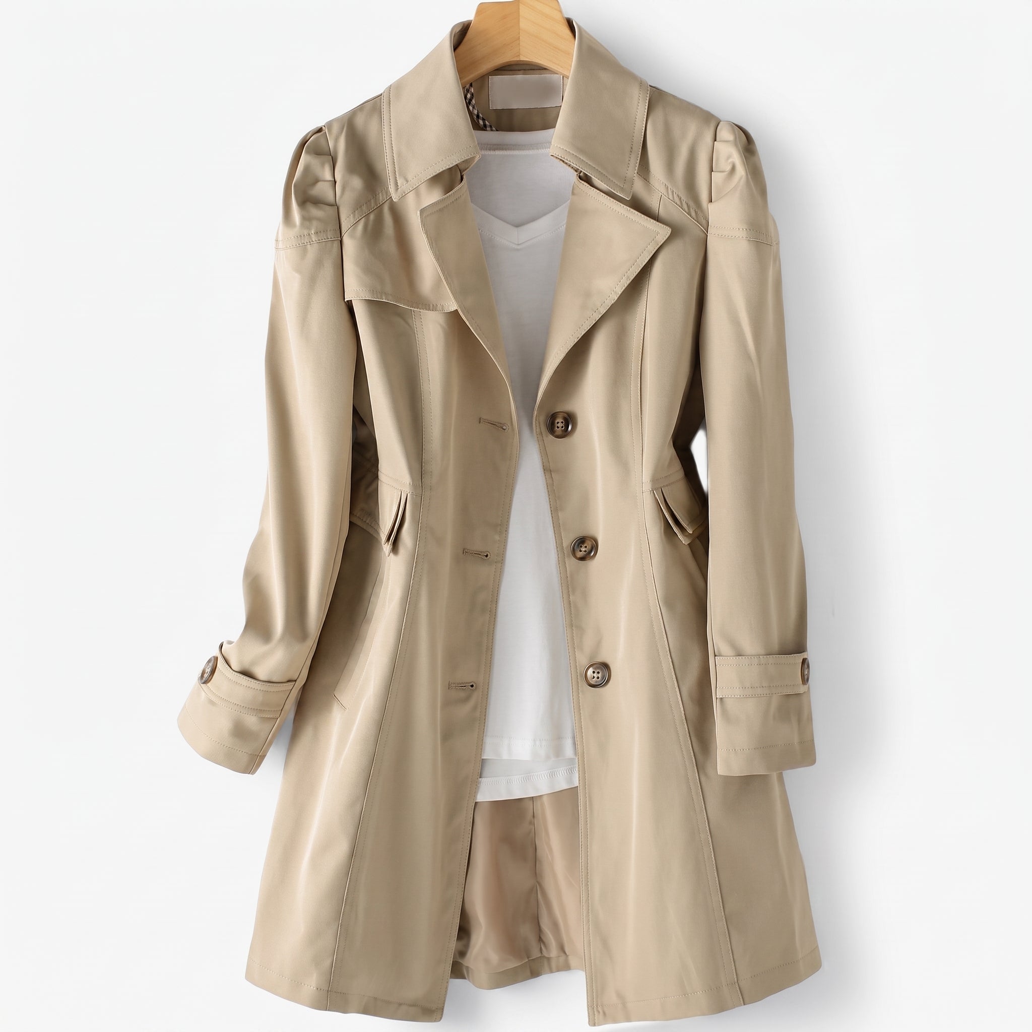 Sarah - Women's Single-Breasted Longline Trench Coat with Notch Lapel - Trench Coats - Khaki - Taylor & Bennett