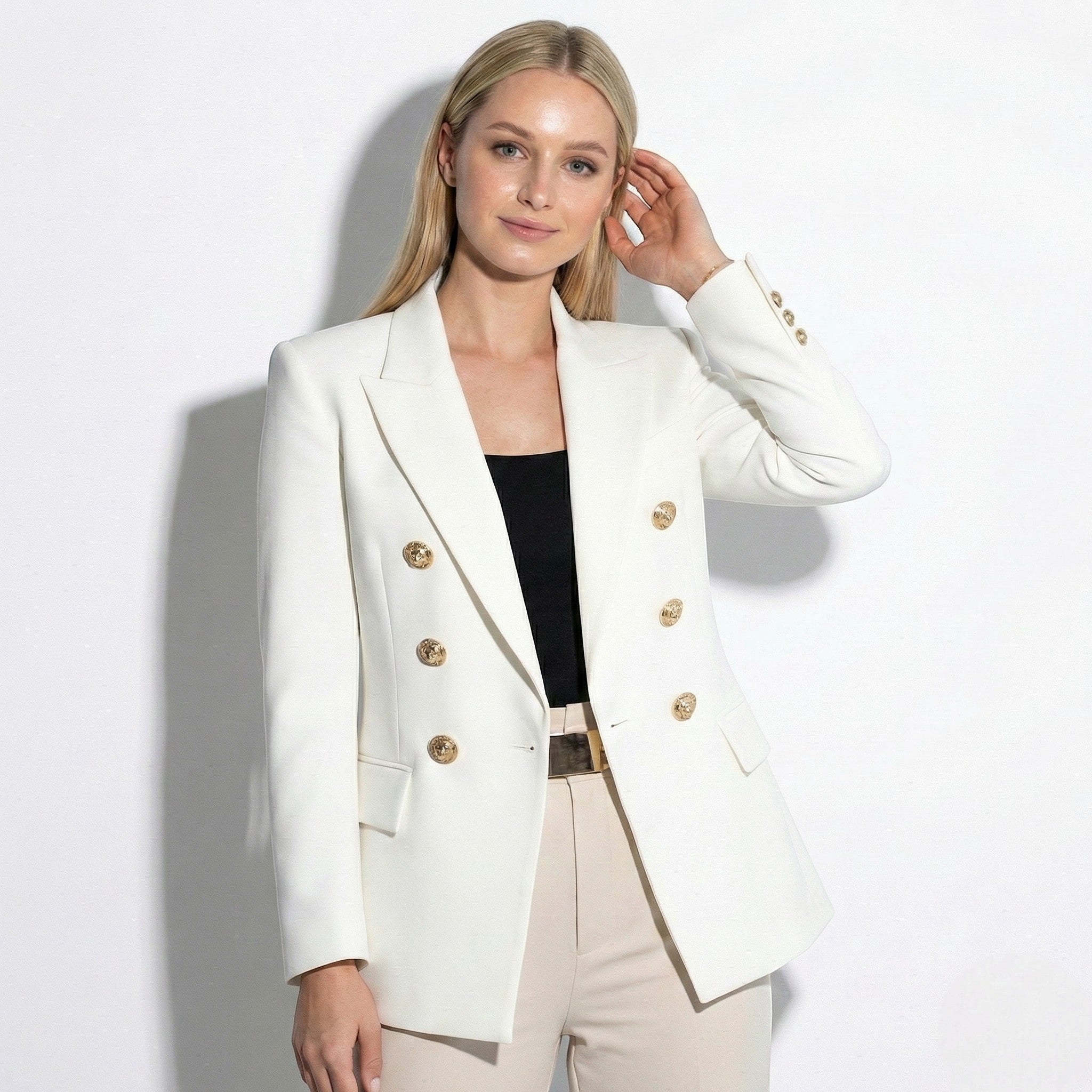 Sarah - Women's Tailored Double Breasted Blazer with Gold Buttons - Jackets - White - Taylor & Bennett