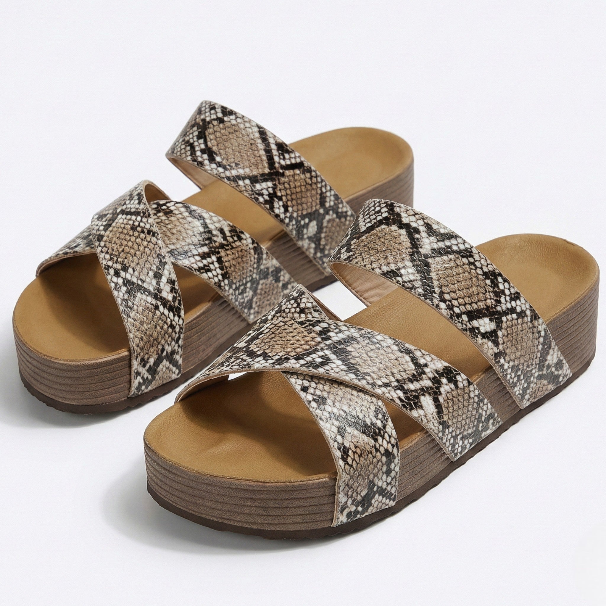 Savannah - Woman's Criss - Cross Strap Wedge Sandals - Footwear - Snake Print - Taylor & Bennett