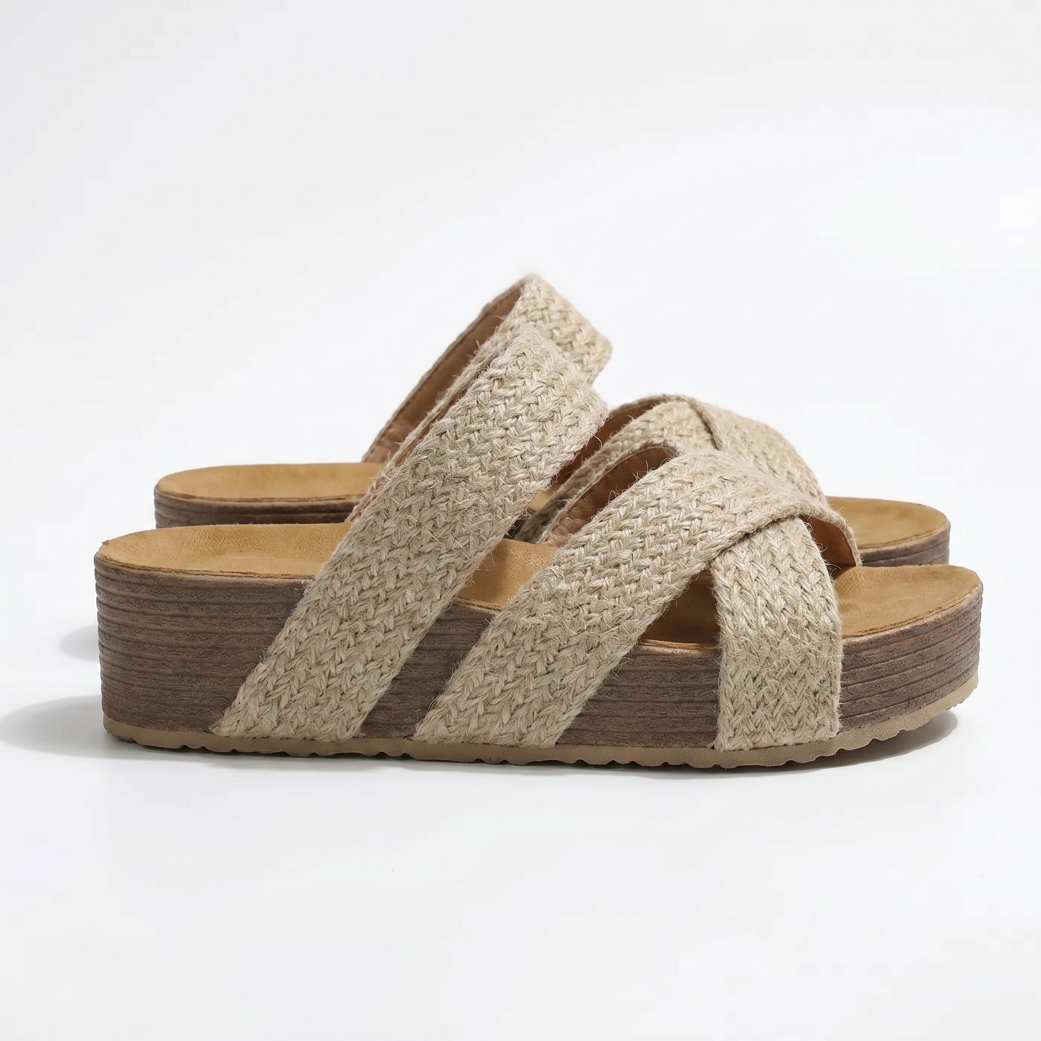 Savannah - Woman's Criss - Cross Strap Wedge Sandals - Footwear - Beige - Taylor & Bennett