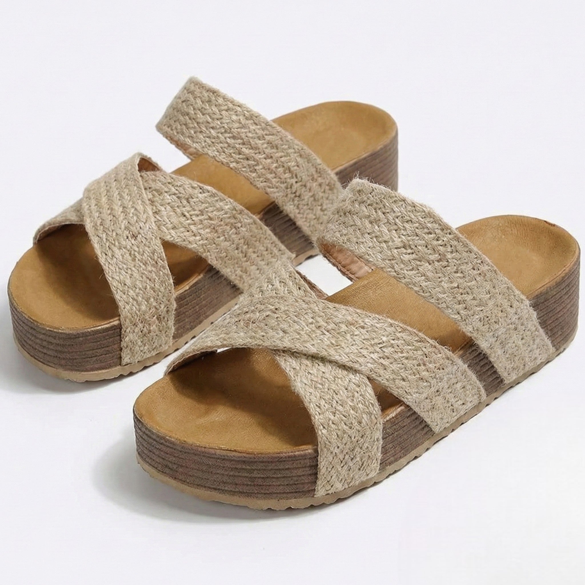 Savannah - Woman's Criss - Cross Strap Wedge Sandals - Footwear - Beige - Taylor & Bennett