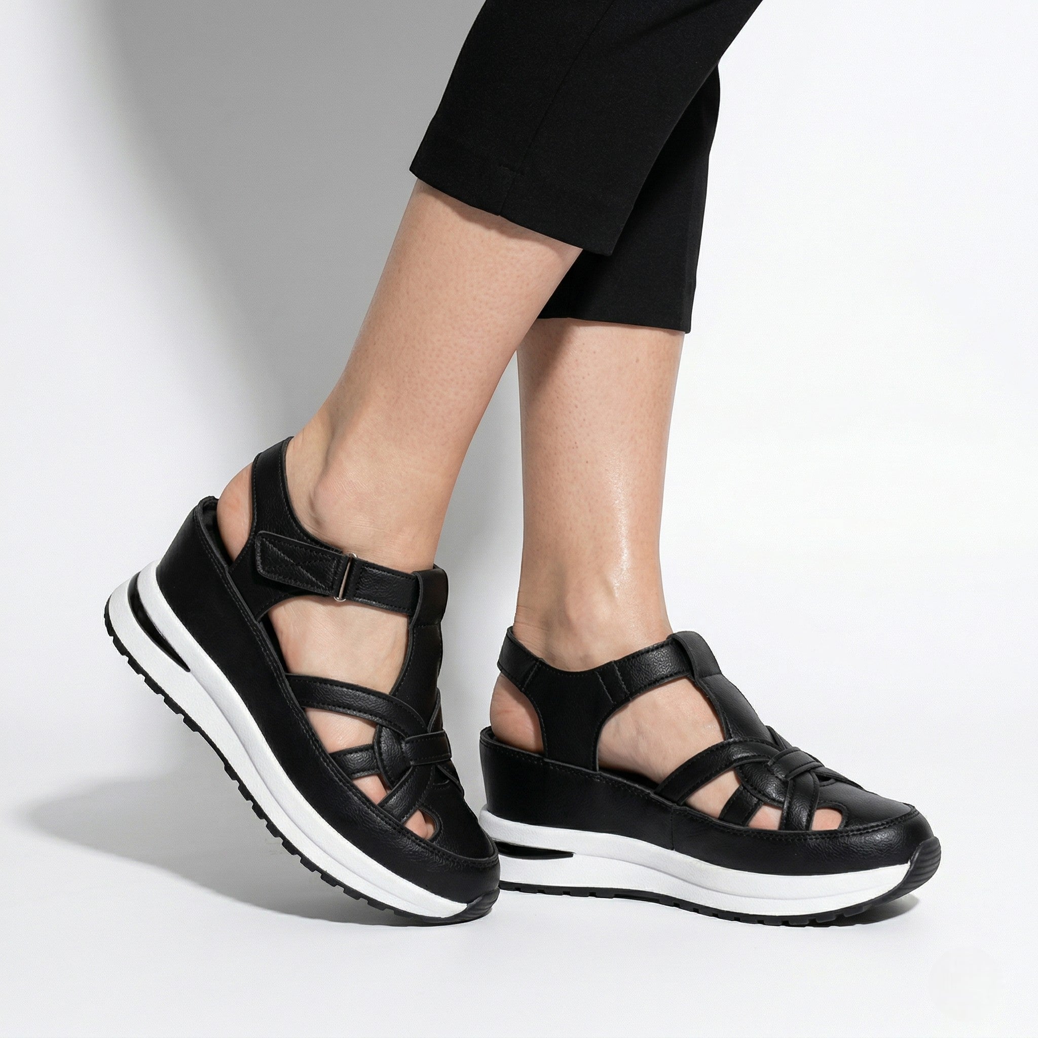 Serena - Women's Platform Sandals with Cut - Out Straps - Sandals - Black - Taylor & Bennett