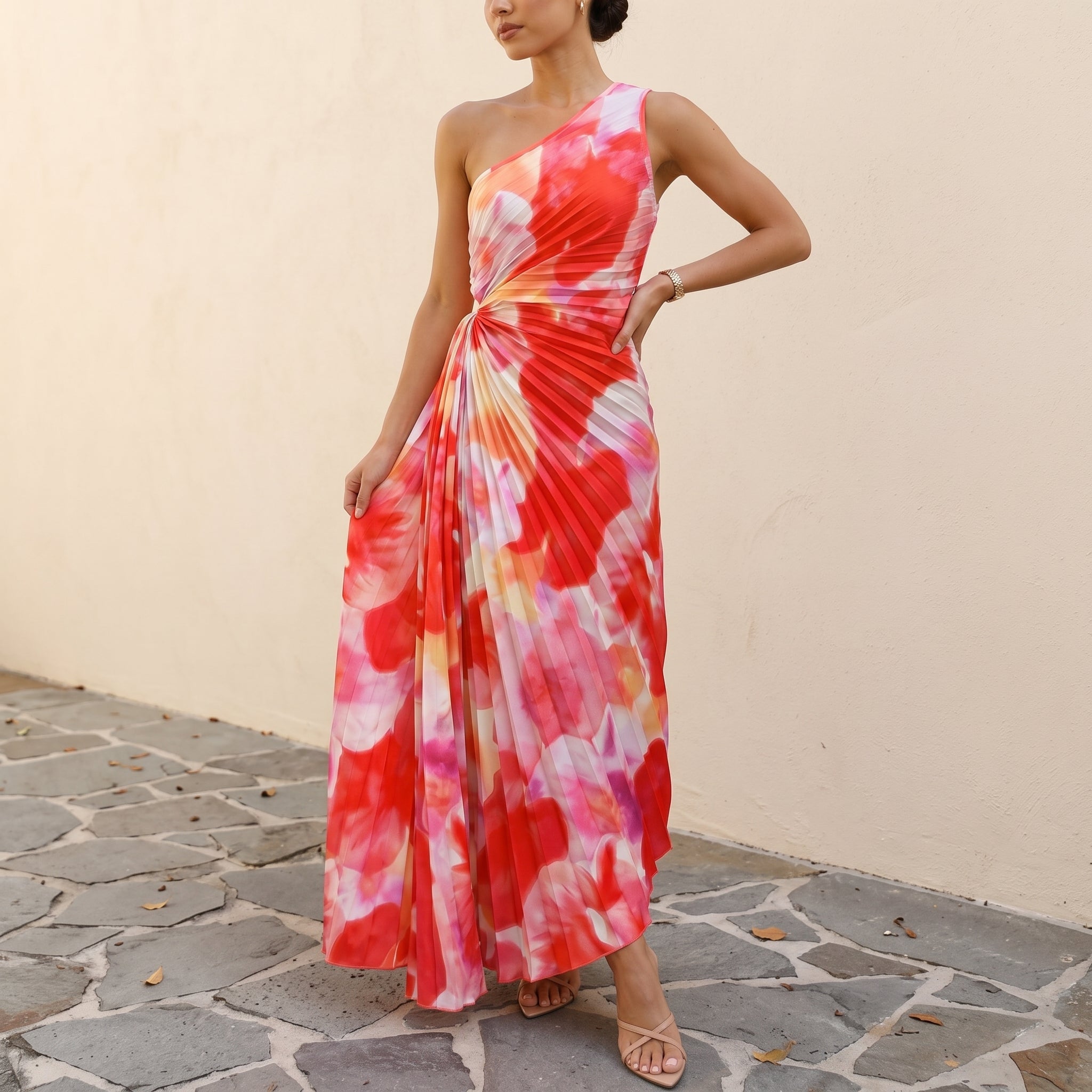 Serena - Women's Summer Floral One-Shoulder Maxi Dress - Maxi Dress - Red - Taylor & Bennett