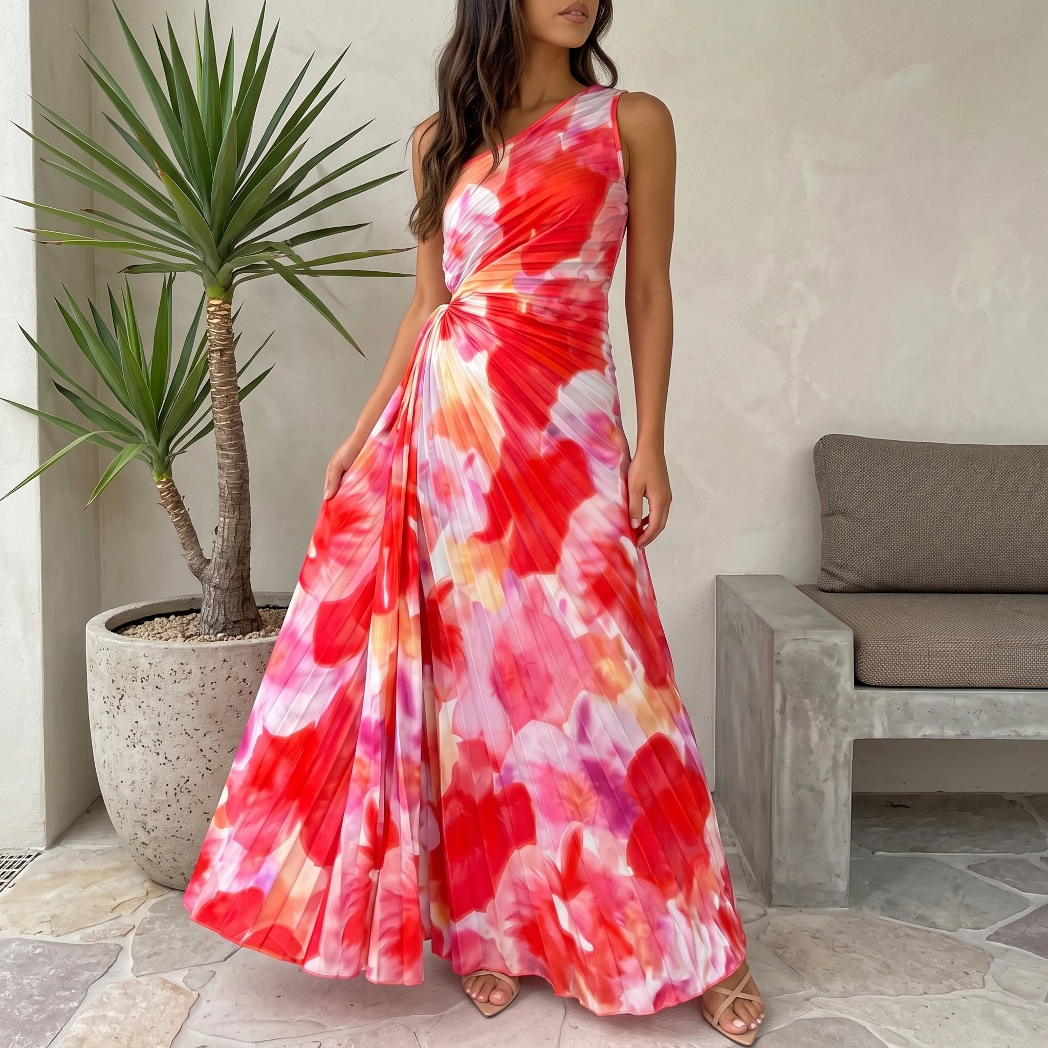 Serena - Women's Summer Floral One-Shoulder Maxi Dress - Maxi Dress - Red - Taylor & Bennett