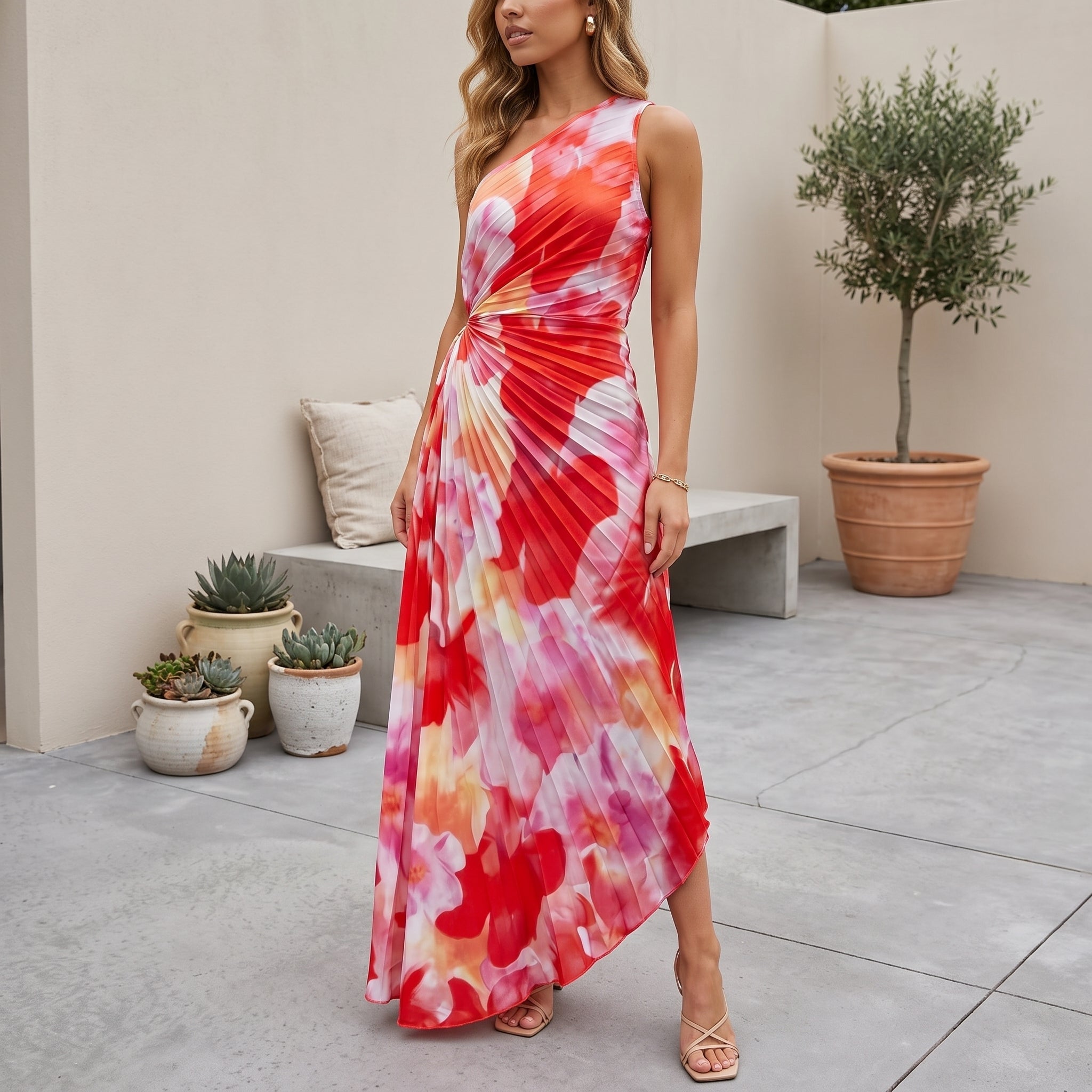 Serena - Women's Summer Floral One-Shoulder Maxi Dress - Maxi Dress - Red - Taylor & Bennett