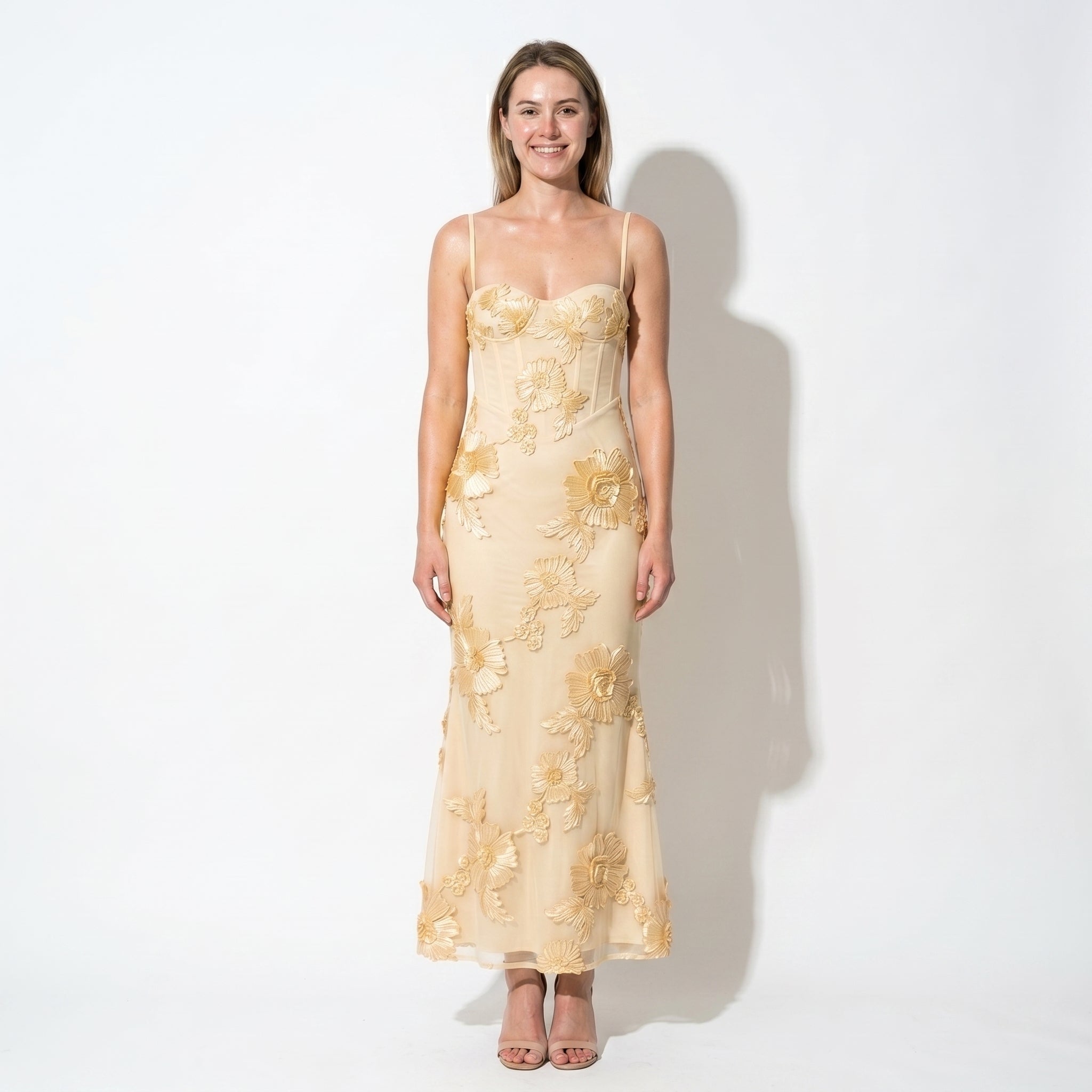 Sofia - Women's Evening Floral Sweetheart Maxi Dress with Straps - Maxi Dress - Yellow - Taylor & Bennett
