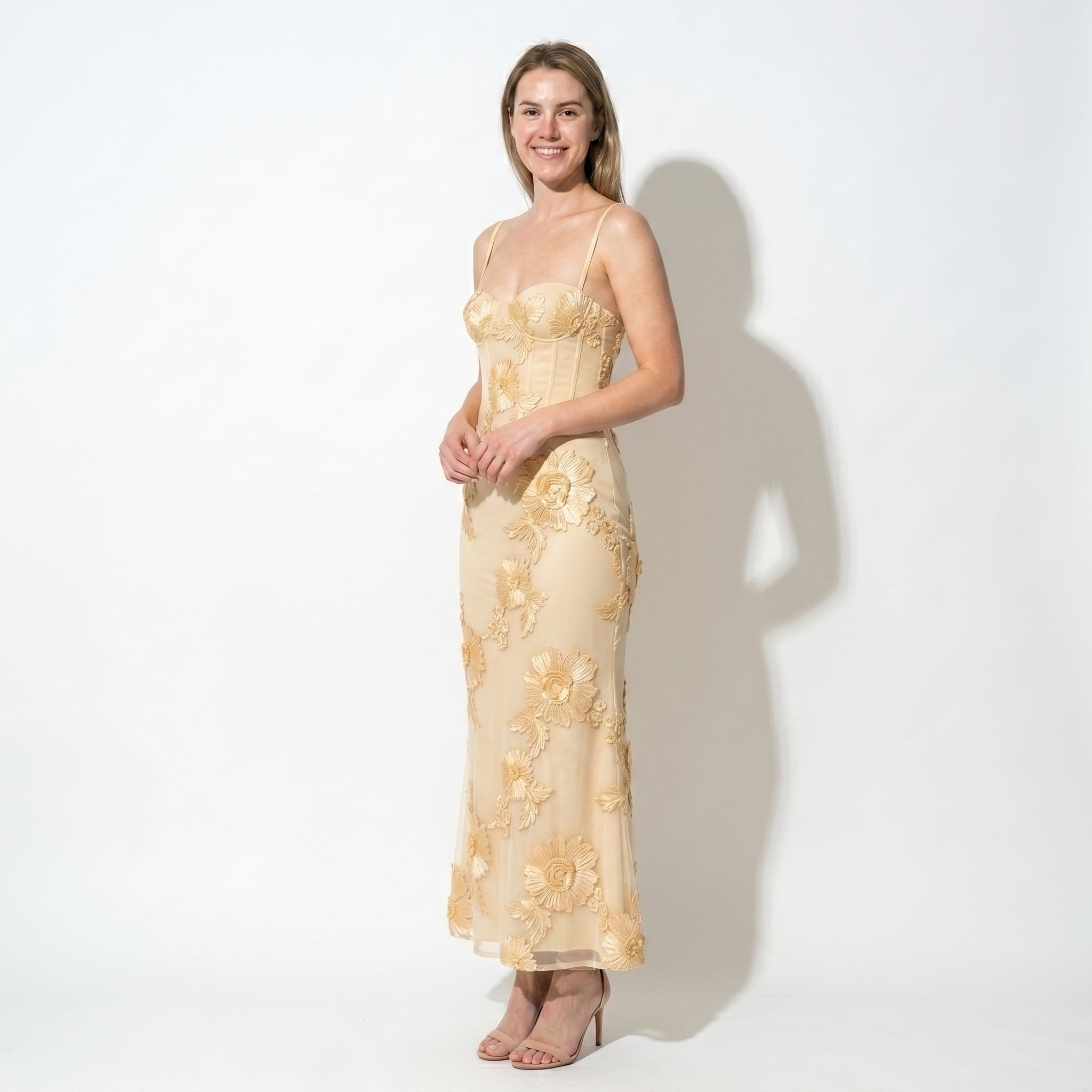 Sofia - Women's Evening Floral Sweetheart Maxi Dress with Straps - Maxi Dress - Yellow - Taylor & Bennett