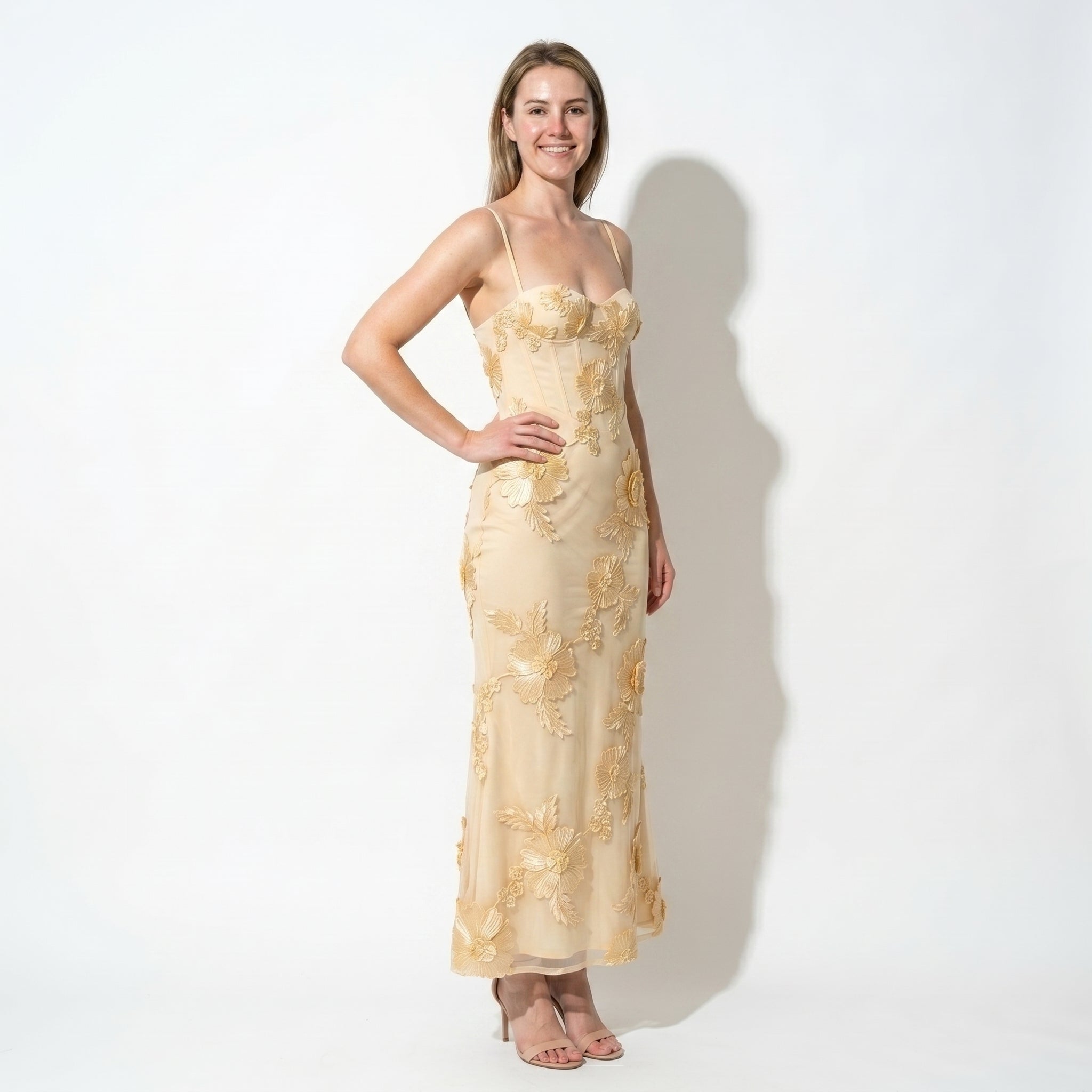 Sofia - Women's Evening Floral Sweetheart Maxi Dress with Straps - Maxi Dress - Yellow - Taylor & Bennett