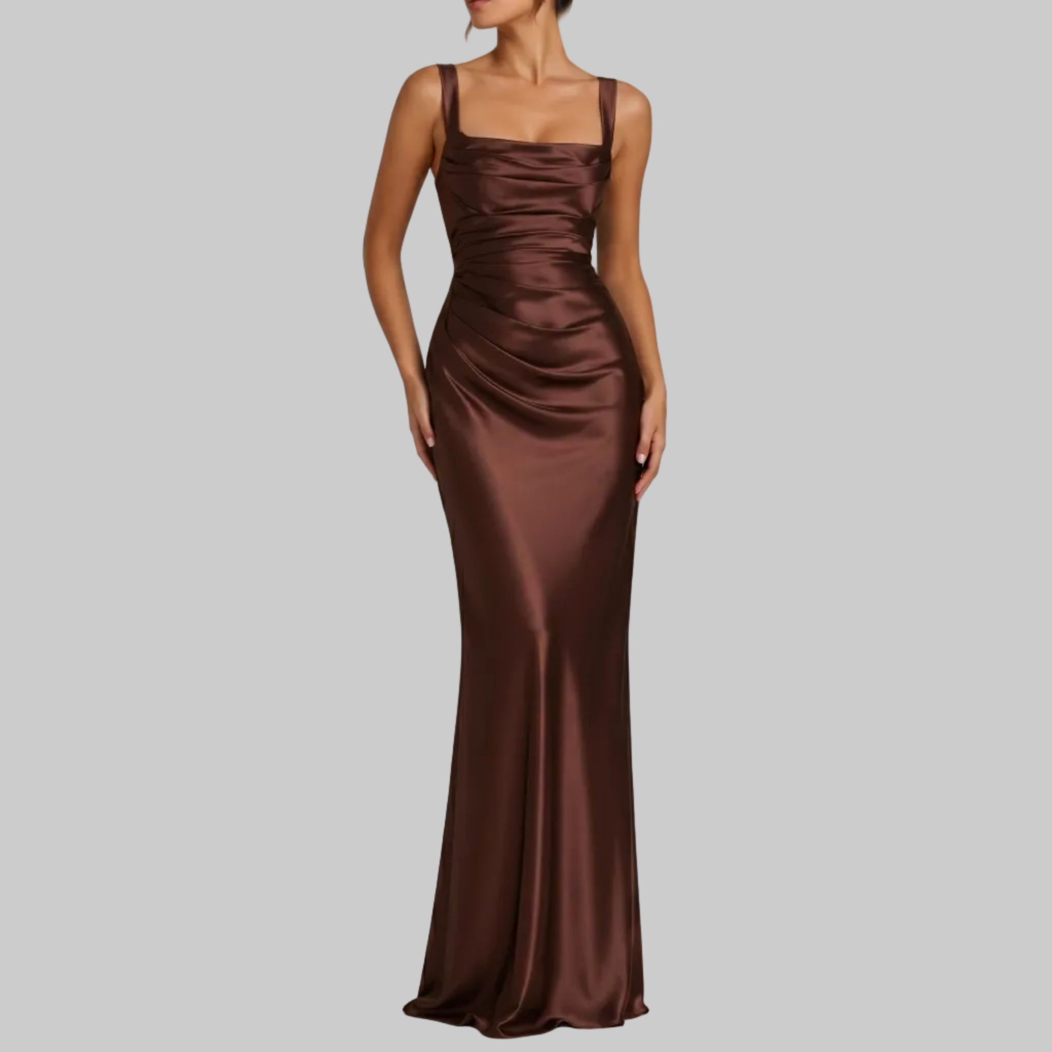 Sofia - Women's Evening Ruched Square Neck Maxi Dress - Maxi Dress - Brown - Taylor & Bennett