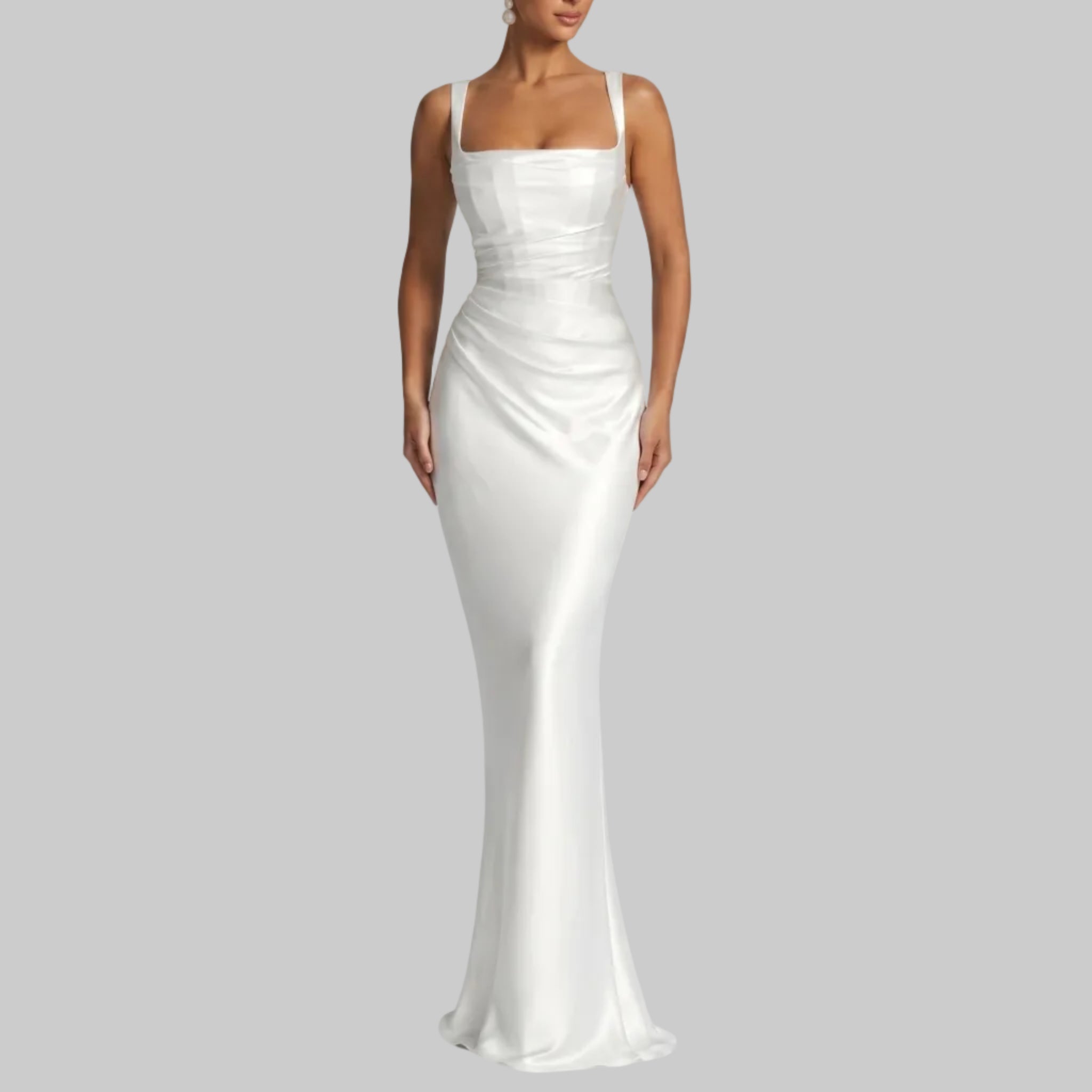 Sofia - Women's Evening Ruched Square Neck Maxi Dress - Maxi Dress - White - Taylor & Bennett