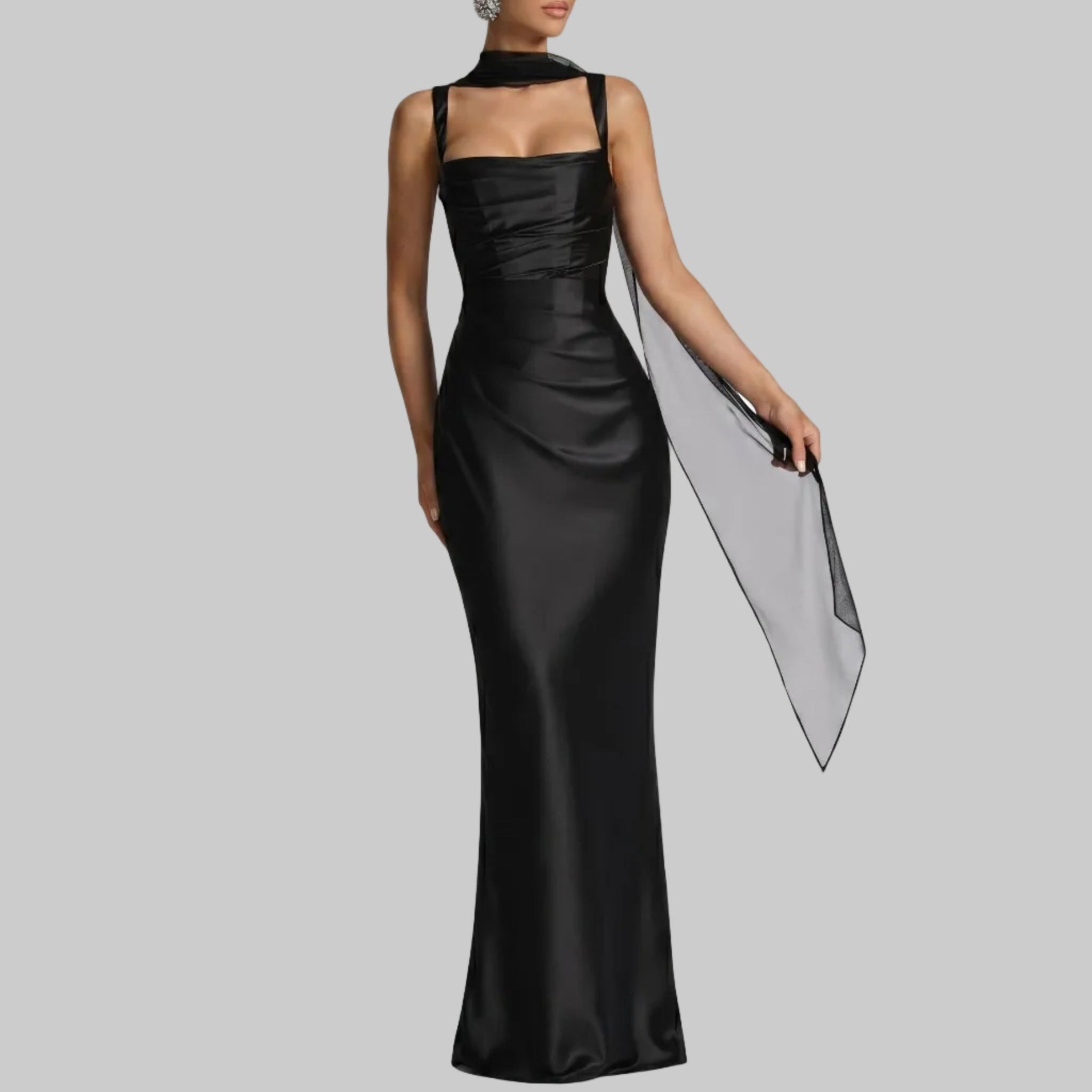 Sofia - Women's Evening Ruched Square Neck Maxi Dress - Maxi Dress - Black - Taylor & Bennett