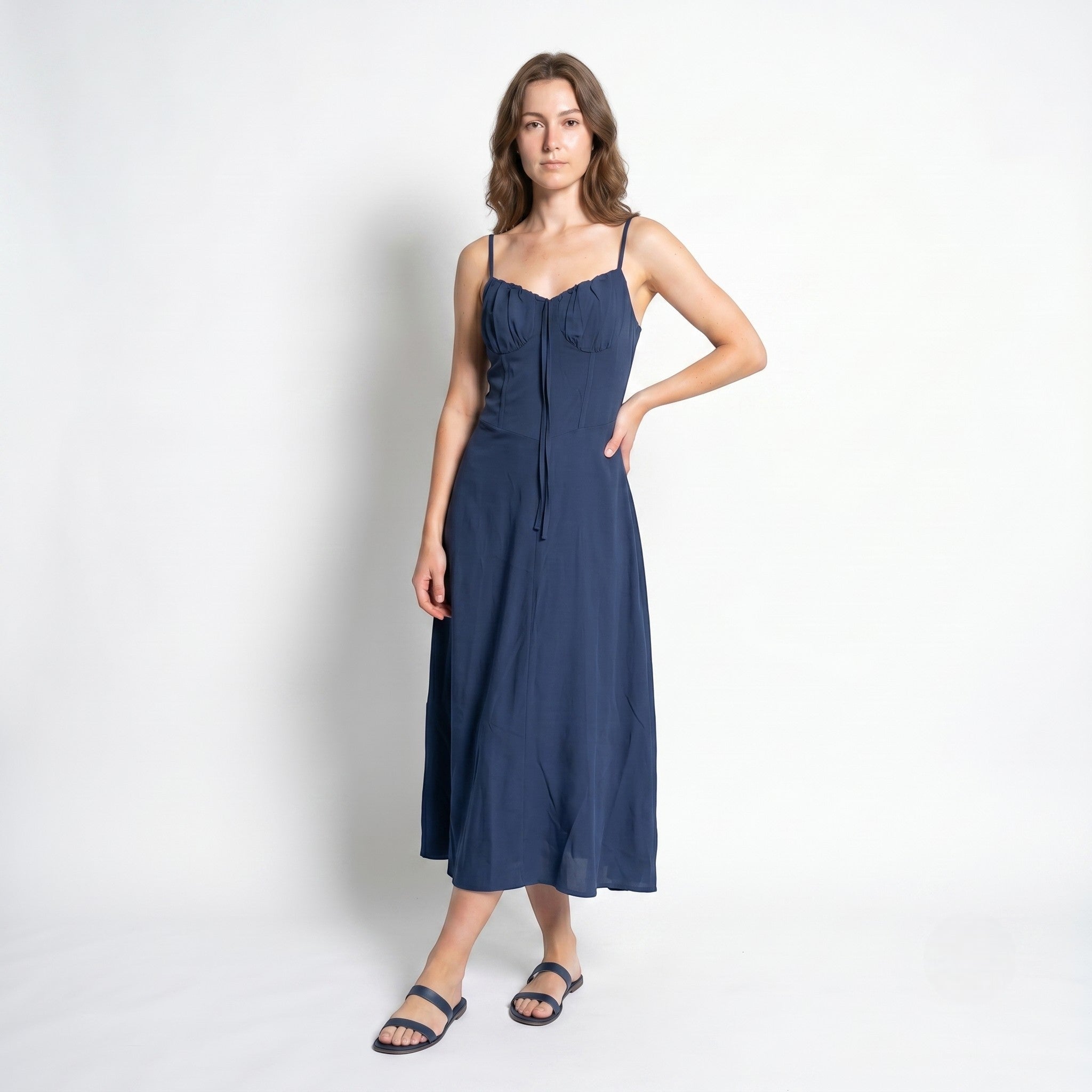Sofia - Women's Wedding Guest Ruched Maxi Dress with Thin Straps - Maxi Dress - Dark Blue - Taylor & Bennett