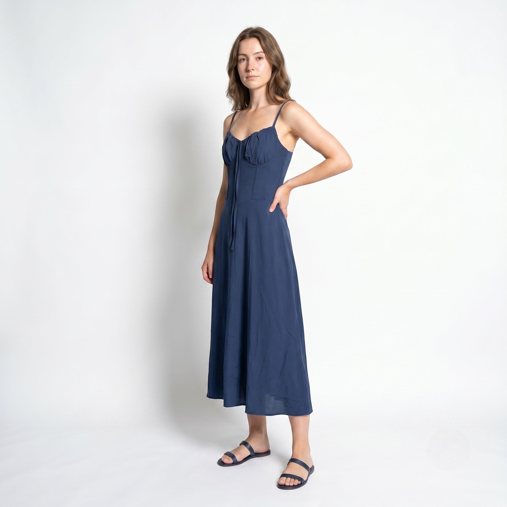 Sofia - Women's Wedding Guest Ruched Maxi Dress with Thin Straps - Maxi Dress - Dark Blue - Taylor & Bennett