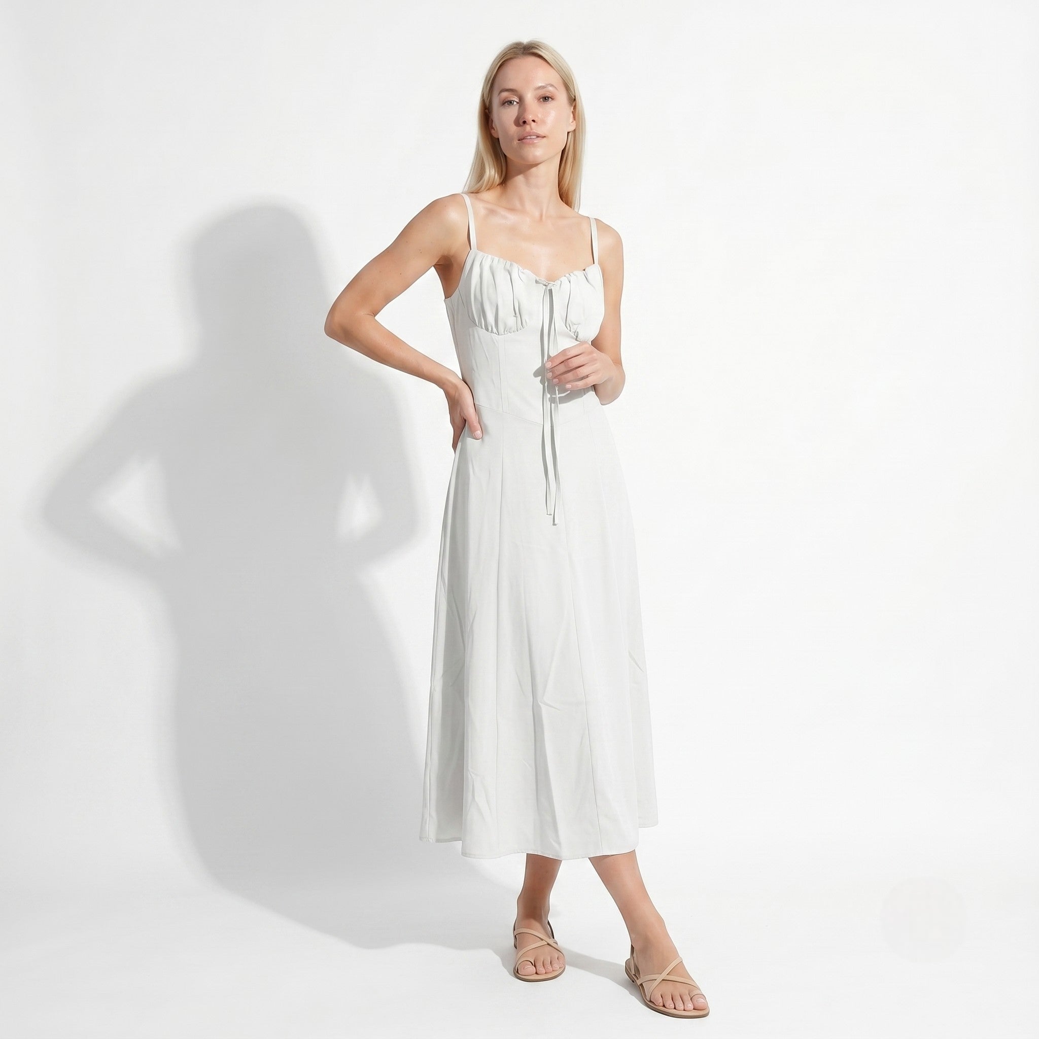 Sofia - Women's Wedding Guest Ruched Maxi Dress with Thin Straps - Maxi Dress - White - Taylor & Bennett