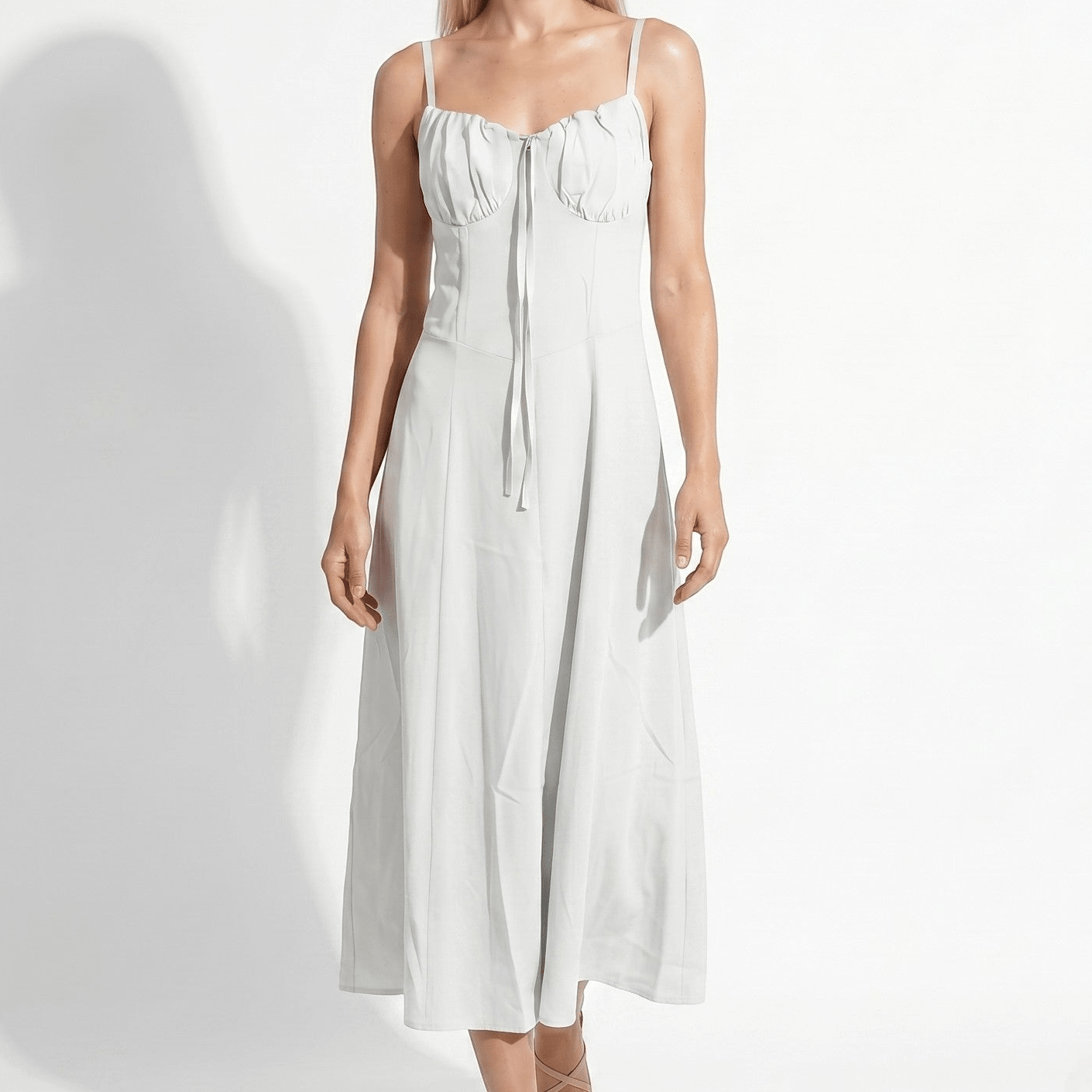 Sofia - Women's Wedding Guest Ruched Maxi Dress with Thin Straps - Maxi Dress - White - Taylor & Bennett