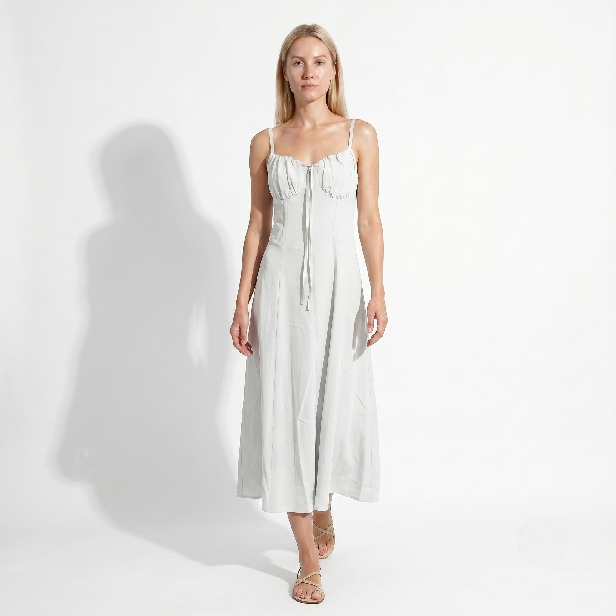 Sofia - Women's Wedding Guest Ruched Maxi Dress with Thin Straps - Maxi Dress - White - Taylor & Bennett