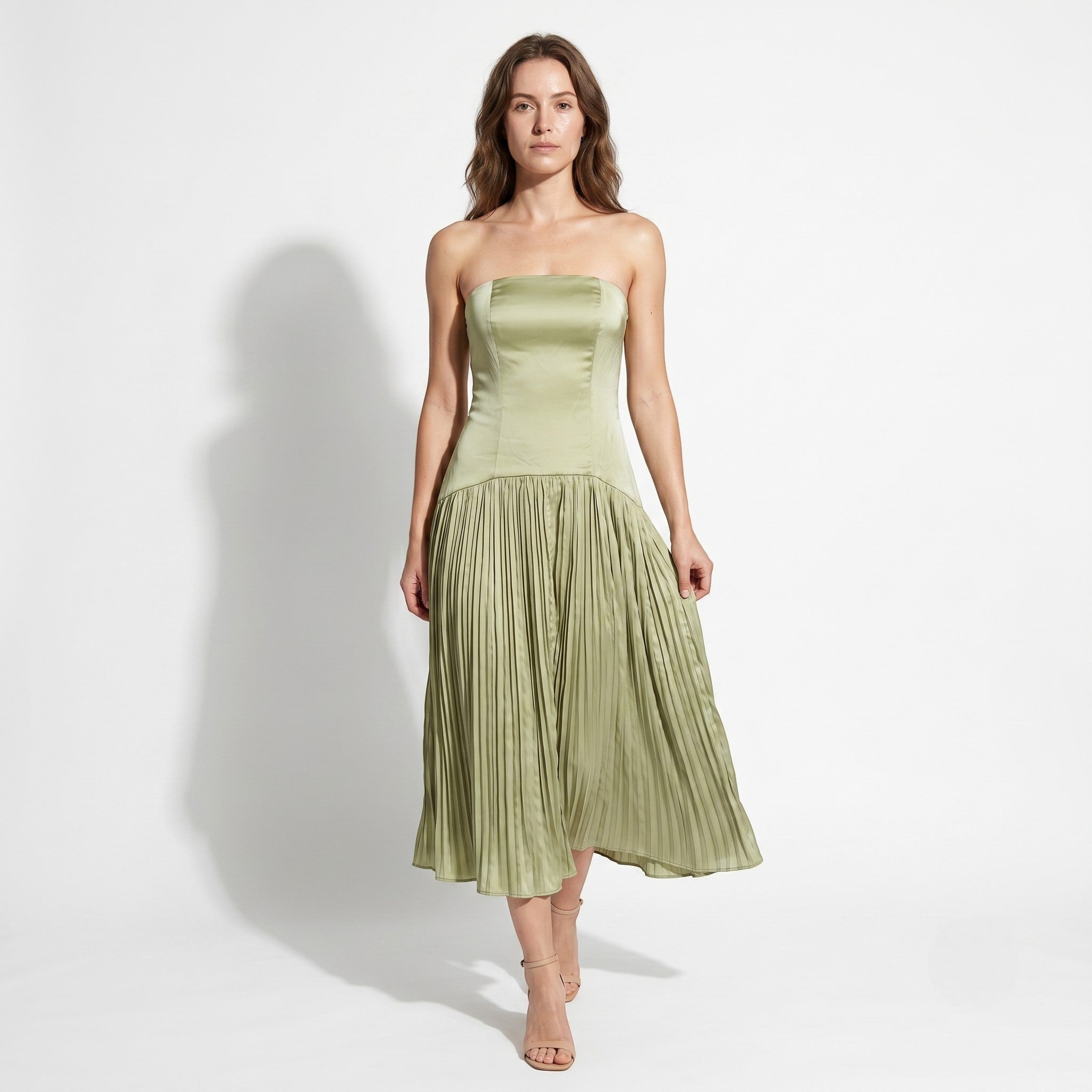 Sofia - Women's Wedding Guest Strapless Pleated Midi Dress - Midi Dress - Green - Taylor & Bennett