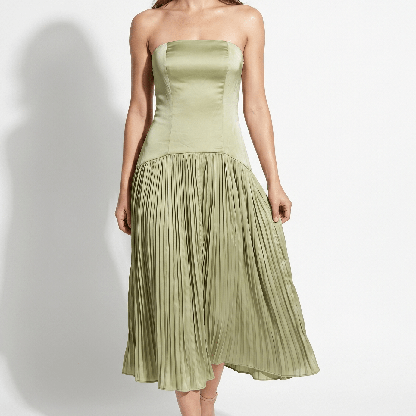 Sofia - Women's Wedding Guest Strapless Pleated Midi Dress - Midi Dress - Green - Taylor & Bennett
