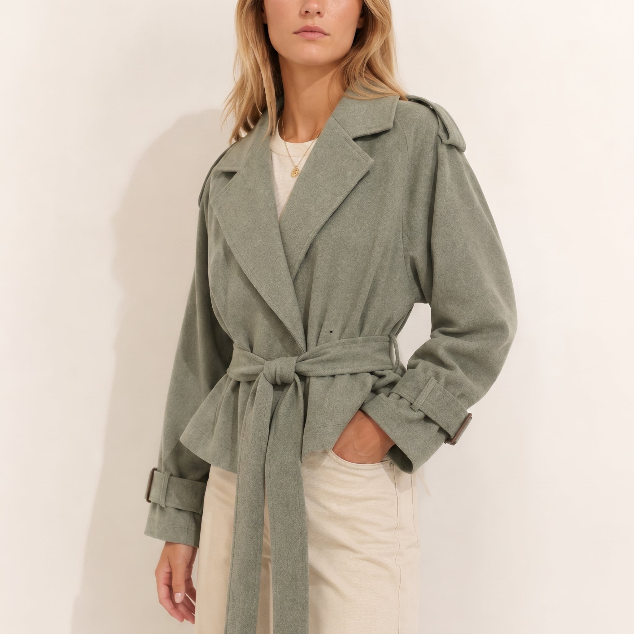 Sophie - Women's Belted Cropped Transitional Trench Coat - Trench Coats - Green - Taylor & Bennett