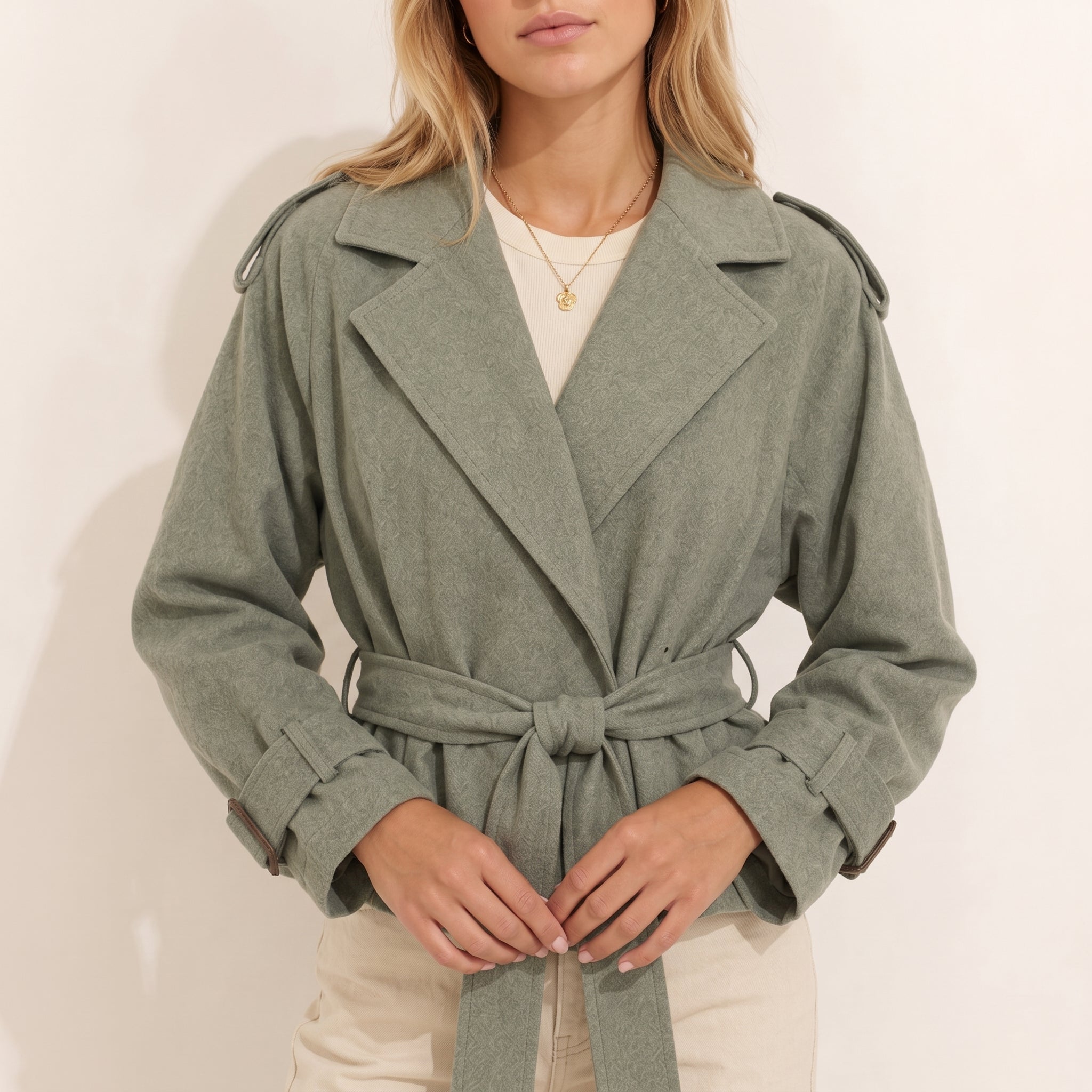 Sophie - Women's Belted Cropped Transitional Trench Coat - Trench Coats - Green - Taylor & Bennett