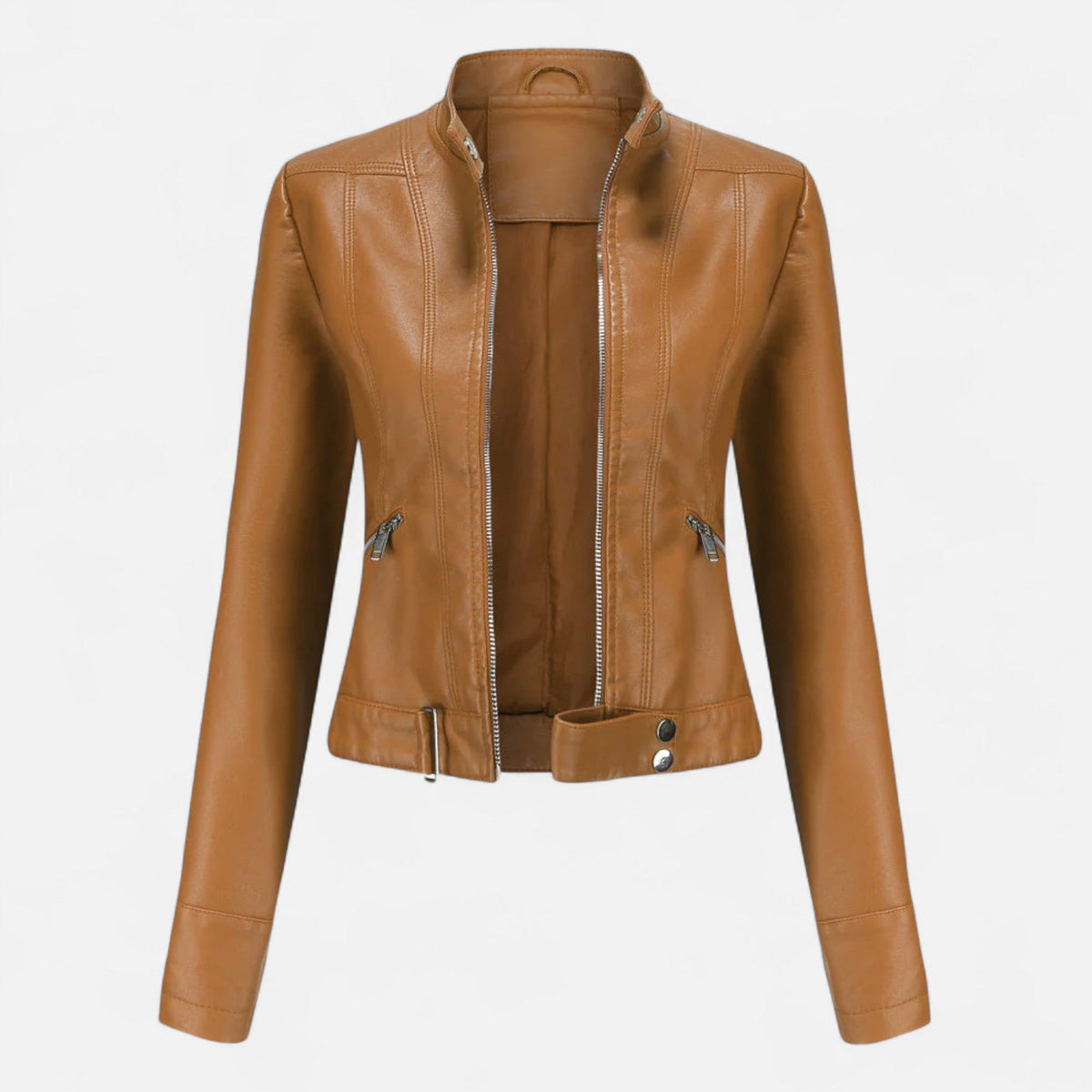 Sophie - Women's Cropped Biker Jacket with Zip-Up Front - Motorcycle Outerwear - Camel - Taylor & Bennett
