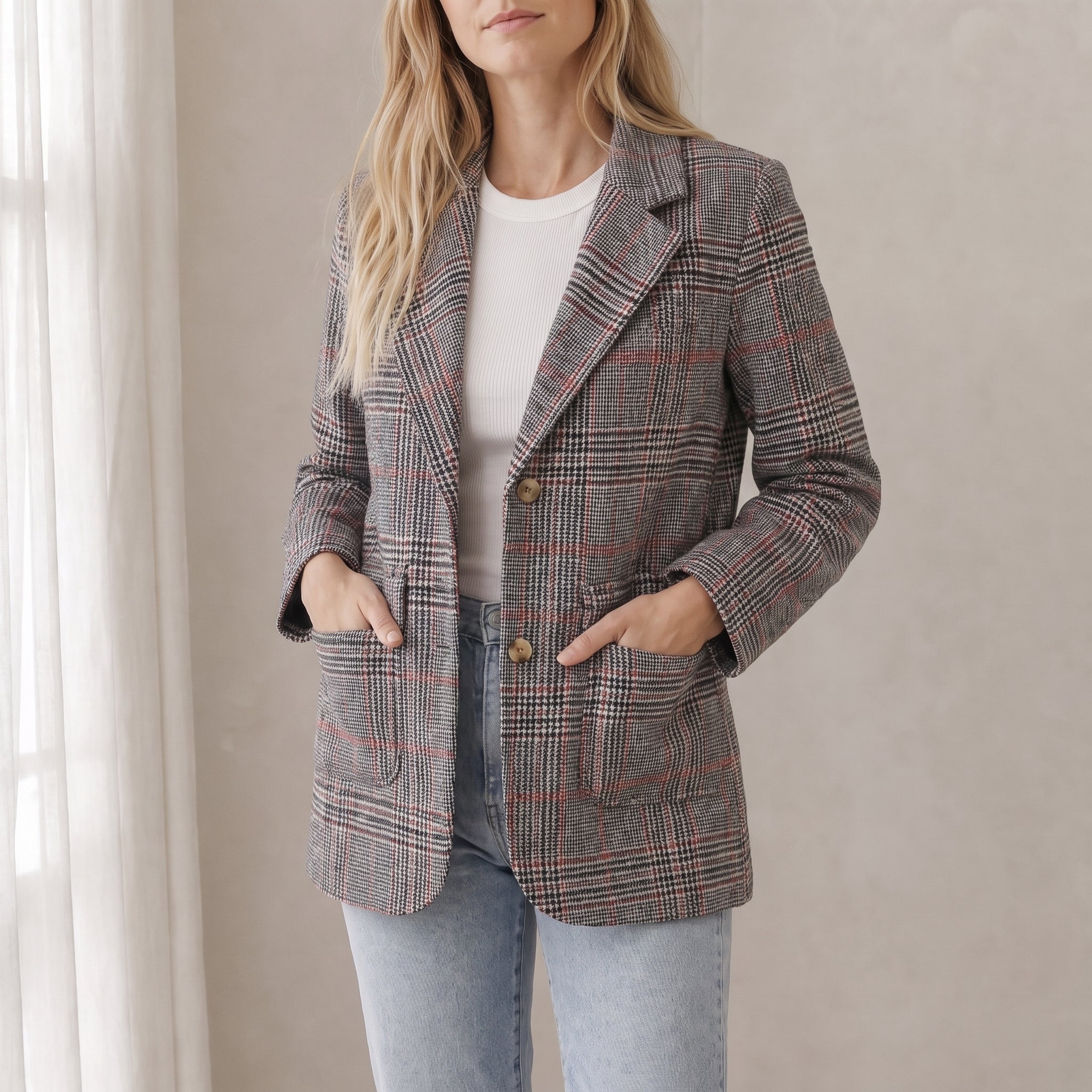 Sophie - Women's Double-Breasted Checked Blazer with Notch Lapel - Blazers - Brown - Taylor & Bennett