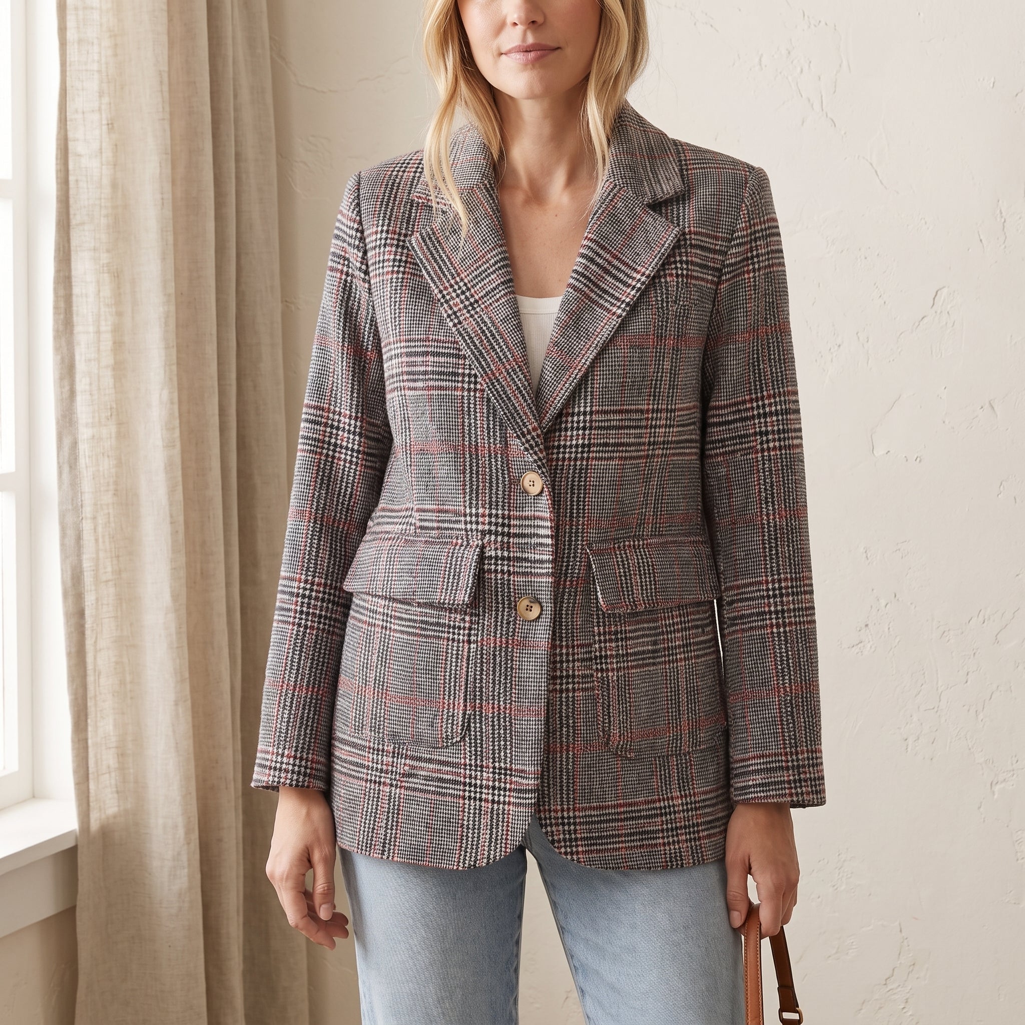 Sophie - Women's Double-Breasted Checked Blazer with Notch Lapel - Blazers - Brown - Taylor & Bennett