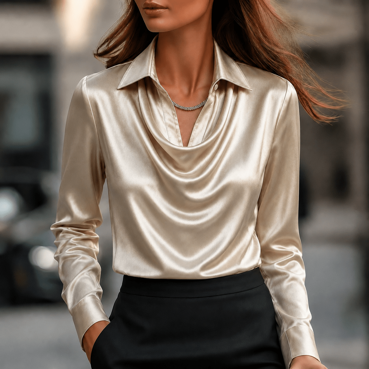 Sophie - Women's Long Sleeve Cowl Neck Blouse with Collar - Blouses - Beige - Taylor & Bennett