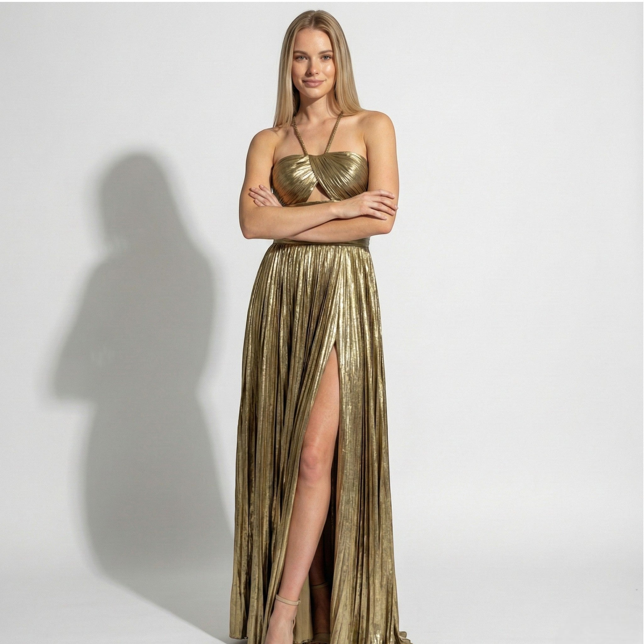 Sophie - Women's Metallic Pleated Maxi Dress with Halter Neckline - Dresses - Gold - Taylor & Bennett