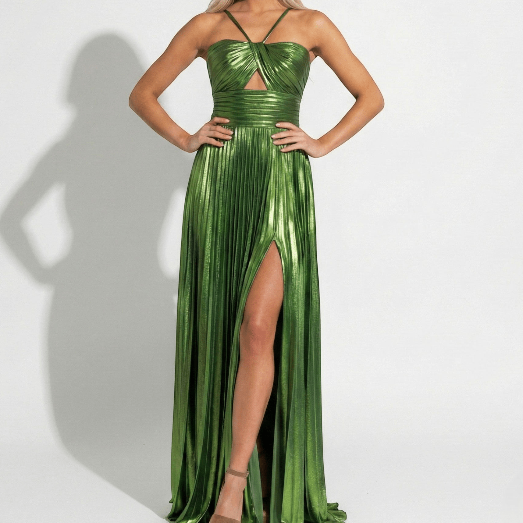 Sophie - Women's Metallic Pleated Maxi Dress with Halter Neckline - Dresses - Green - Taylor & Bennett
