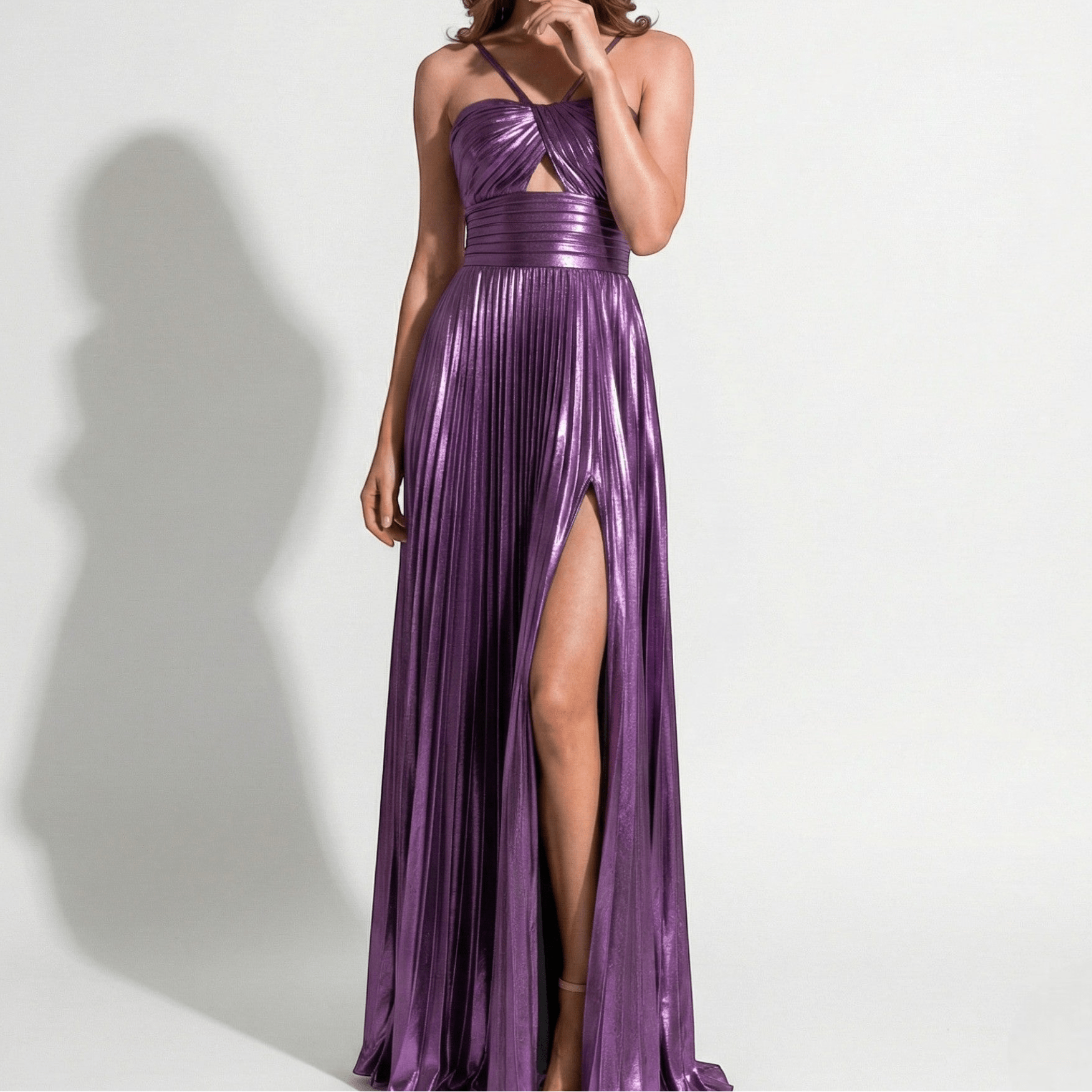 Sophie - Women's Metallic Pleated Maxi Dress with Halter Neckline - Dresses - Purple - Taylor & Bennett