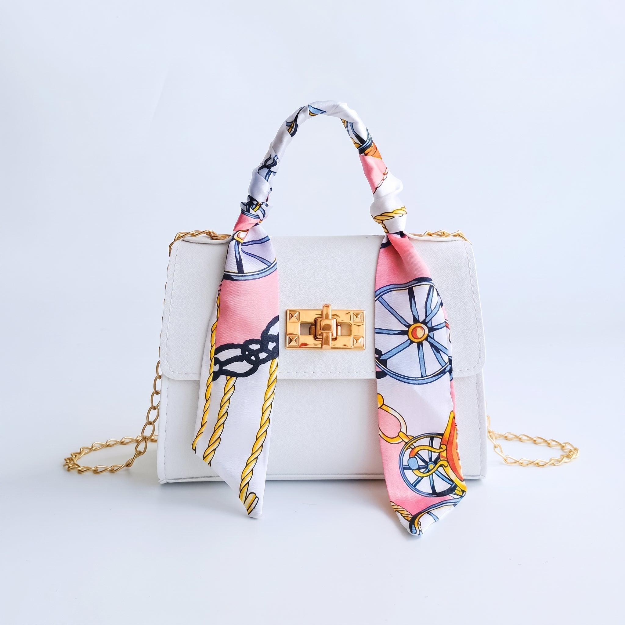 Sophie – Women's Mini Scarf Handle Chain Strap Handbag - Cross Body Bags - White - Taylor & Bennett