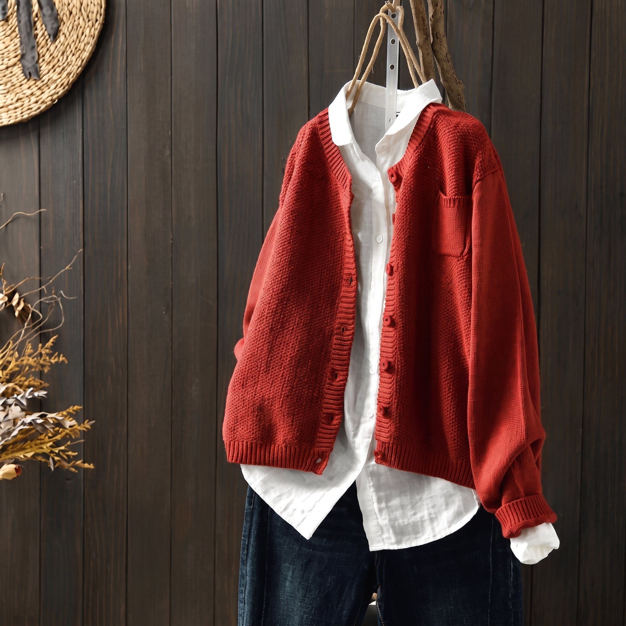 Sophie - Women's Oversized Button-Front Knit Cardigan with Chest Pocket - Cardigans - Red - Taylor & Bennett