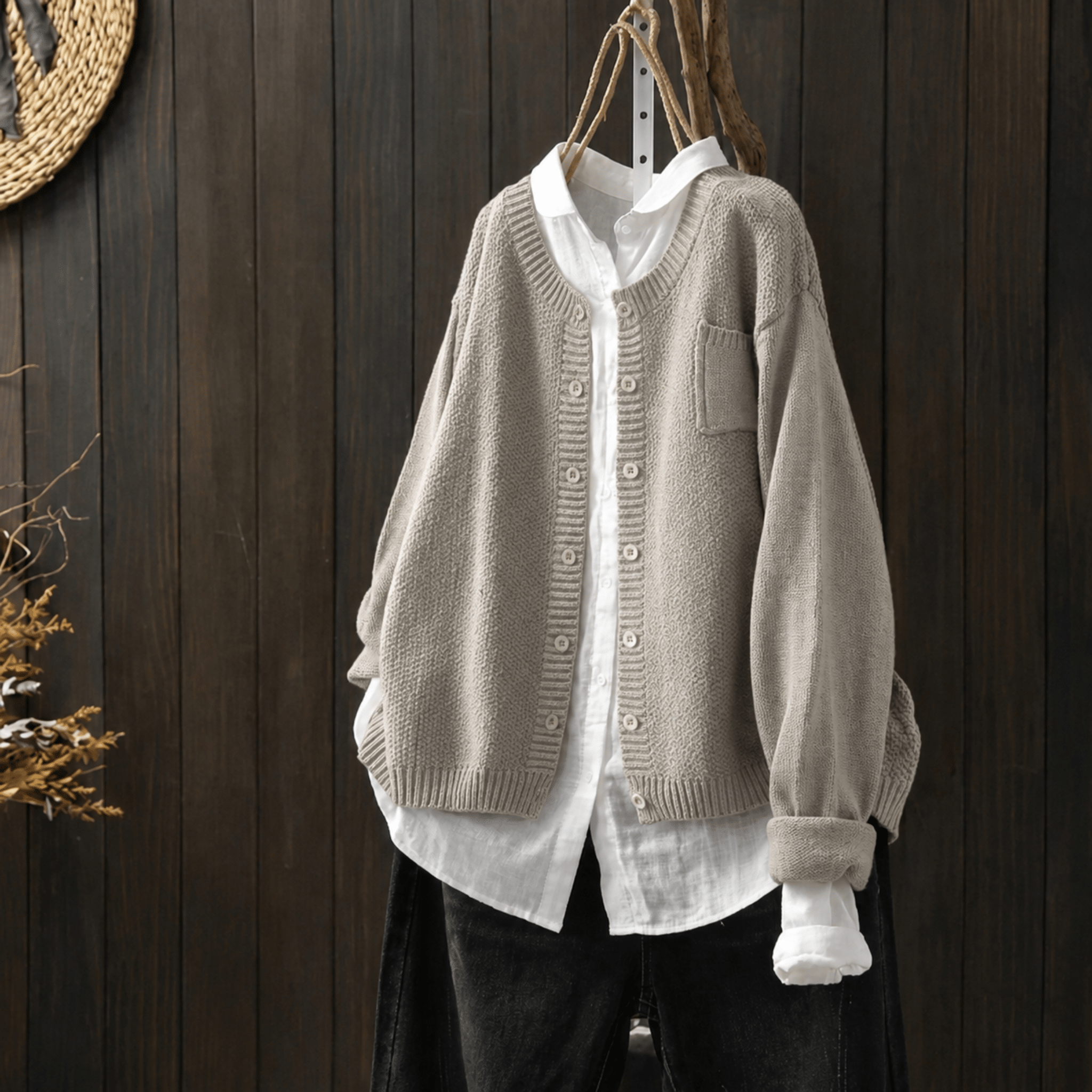 Sophie - Women's Oversized Button-Front Knit Cardigan with Chest Pocket - Cardigans - Beige - Taylor & Bennett