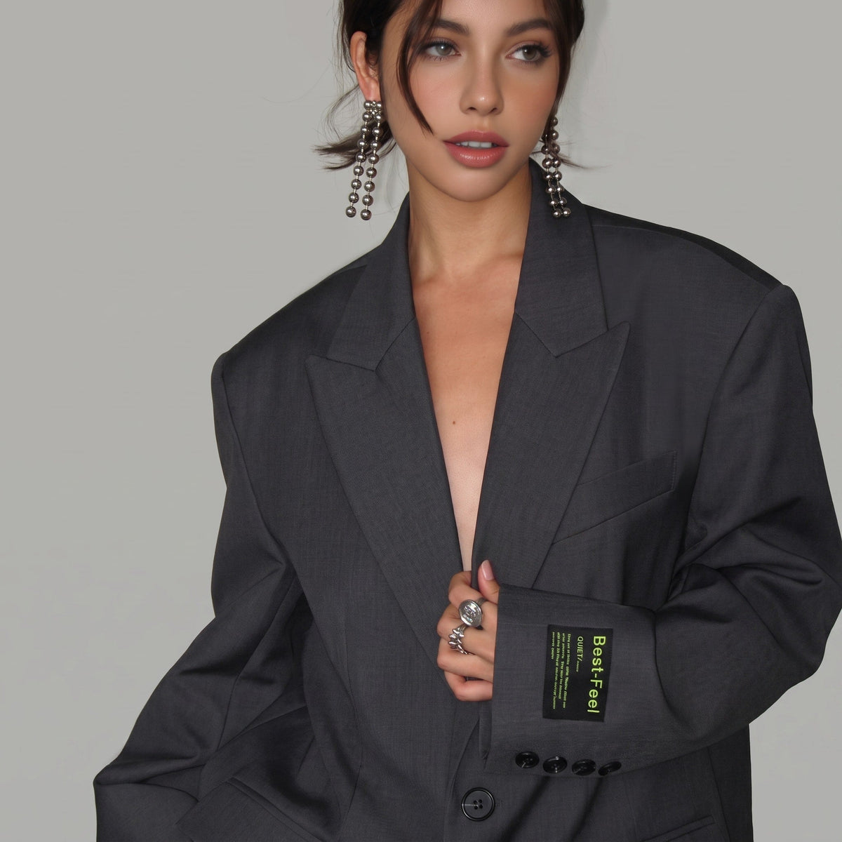 Sophie - Women's Oversized Single-Breasted Blazer with Notched Lapel - Blazers - Grey - Taylor & Bennett