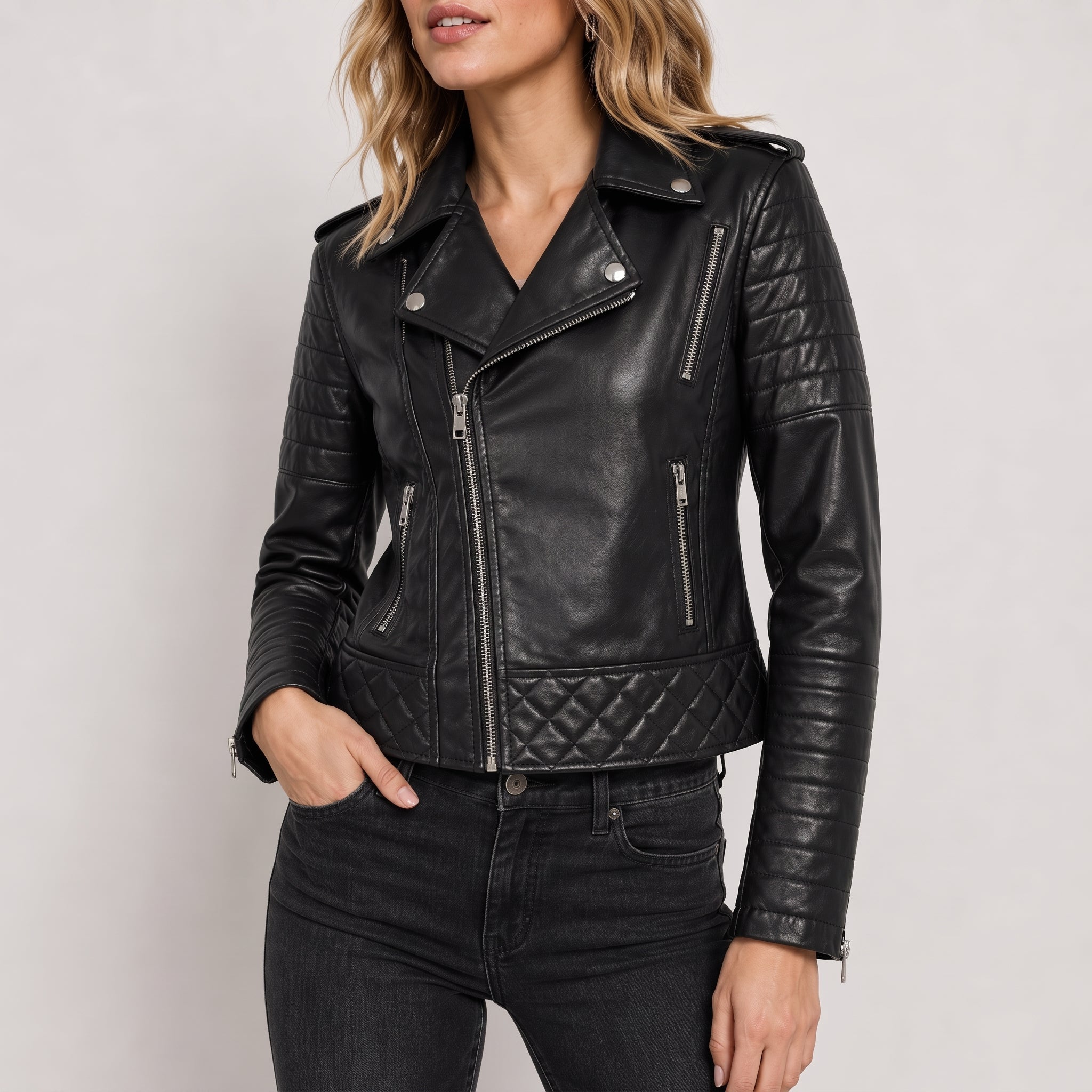 Sophie - Women's Quilted Biker Jacket with Zip Pockets - Motorcycle Outerwear - Black - Taylor & Bennett