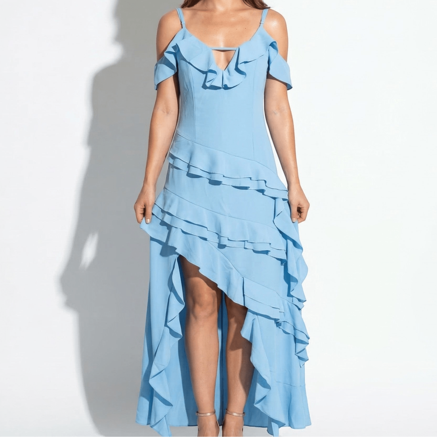 Sophie - Women's Ruffled V - Neck Asymmetric Maxi Dress - Maxi Dresses - Blue - Taylor & Bennett