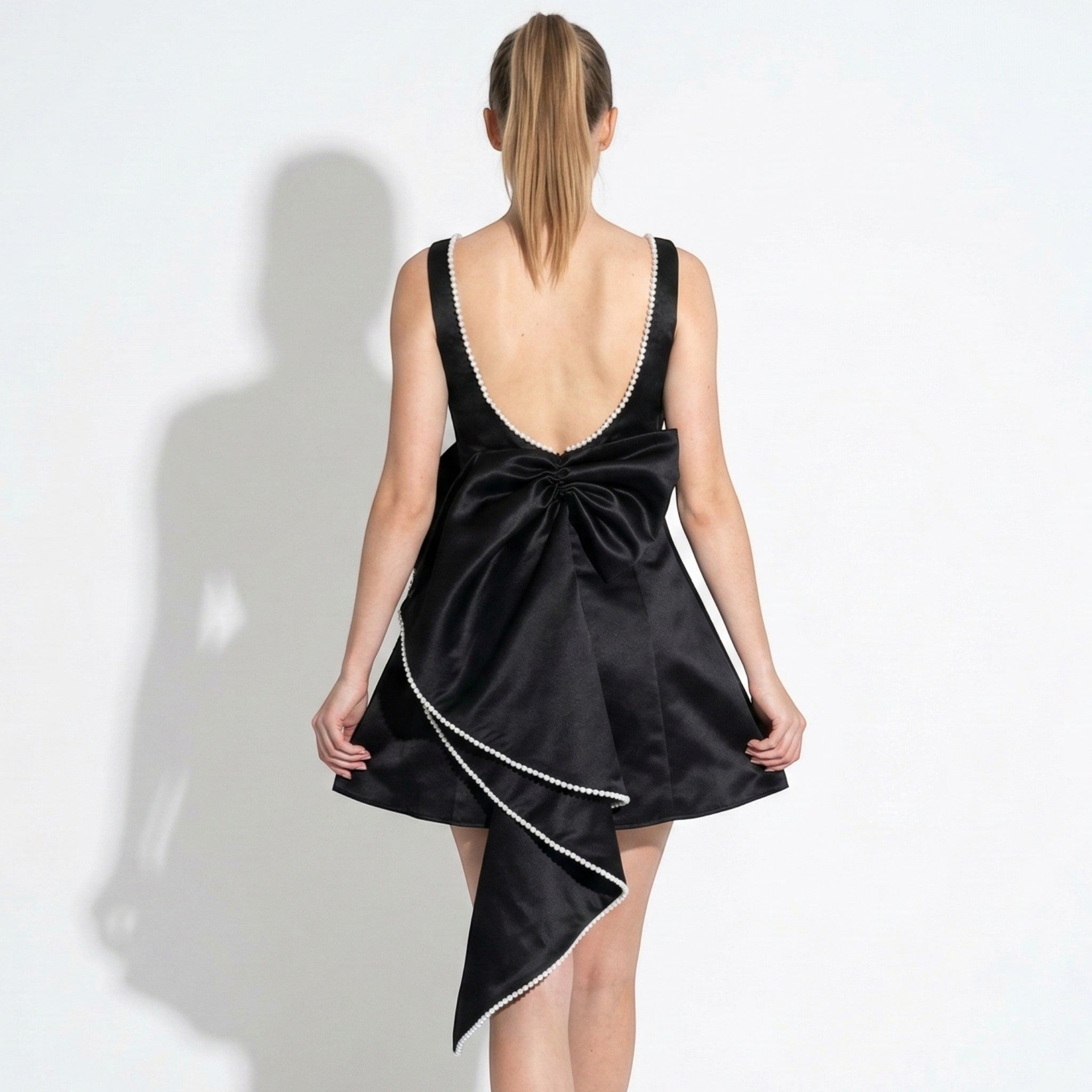 Sophie - Women's Sleeveless Mini Dress with Pearls and Back Bow - Women dress - Black - Taylor & Bennett