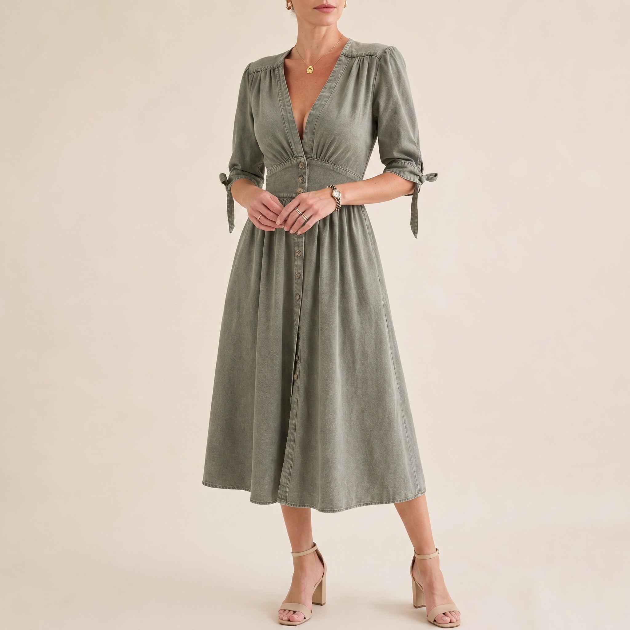 Sophie - Women's Summer Button-Down Tie Sleeve Midi Dress - Dresses - Green - Taylor & Bennett