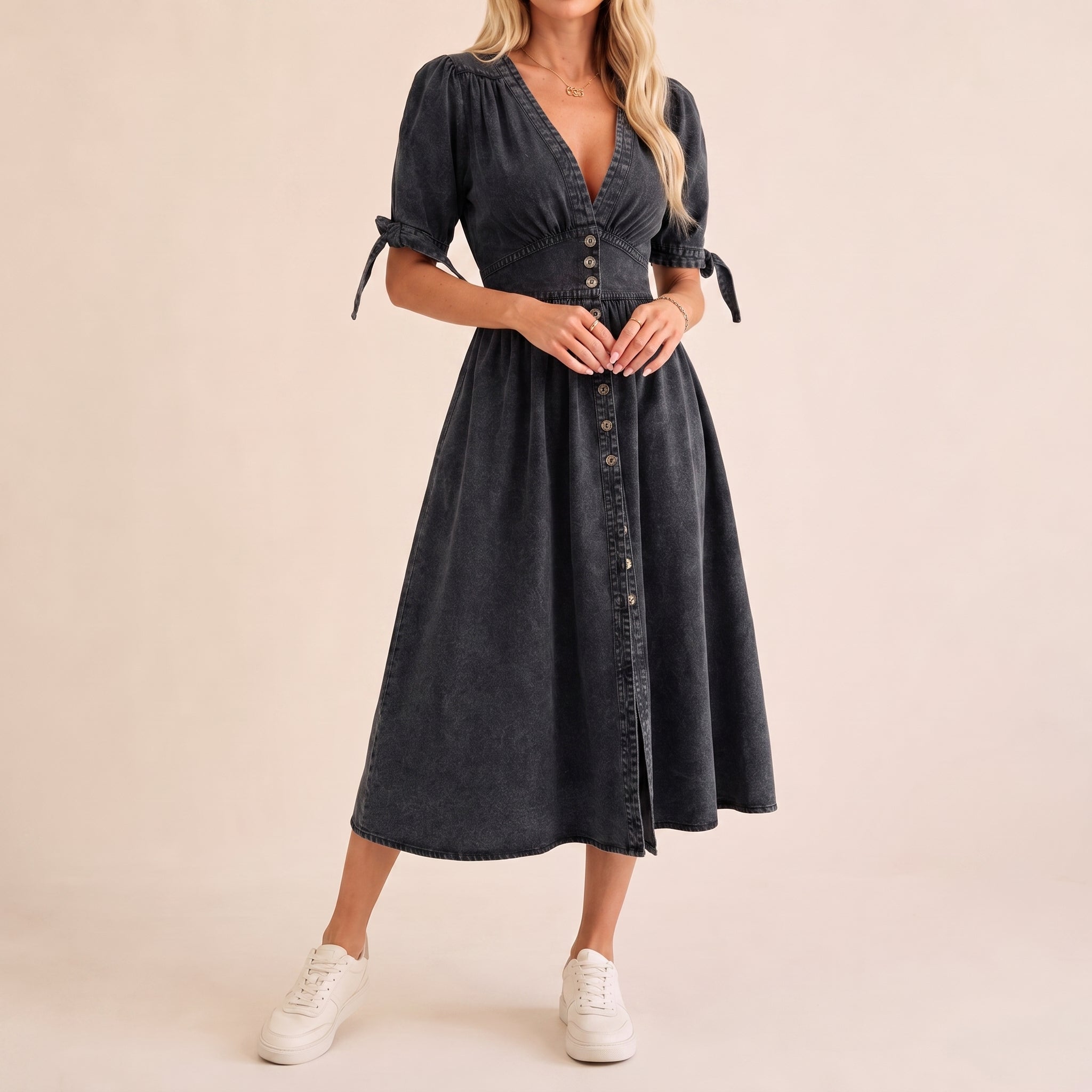 Sophie - Women's Summer Button-Down Tie Sleeve Midi Dress - Dresses - Black - Taylor & Bennett