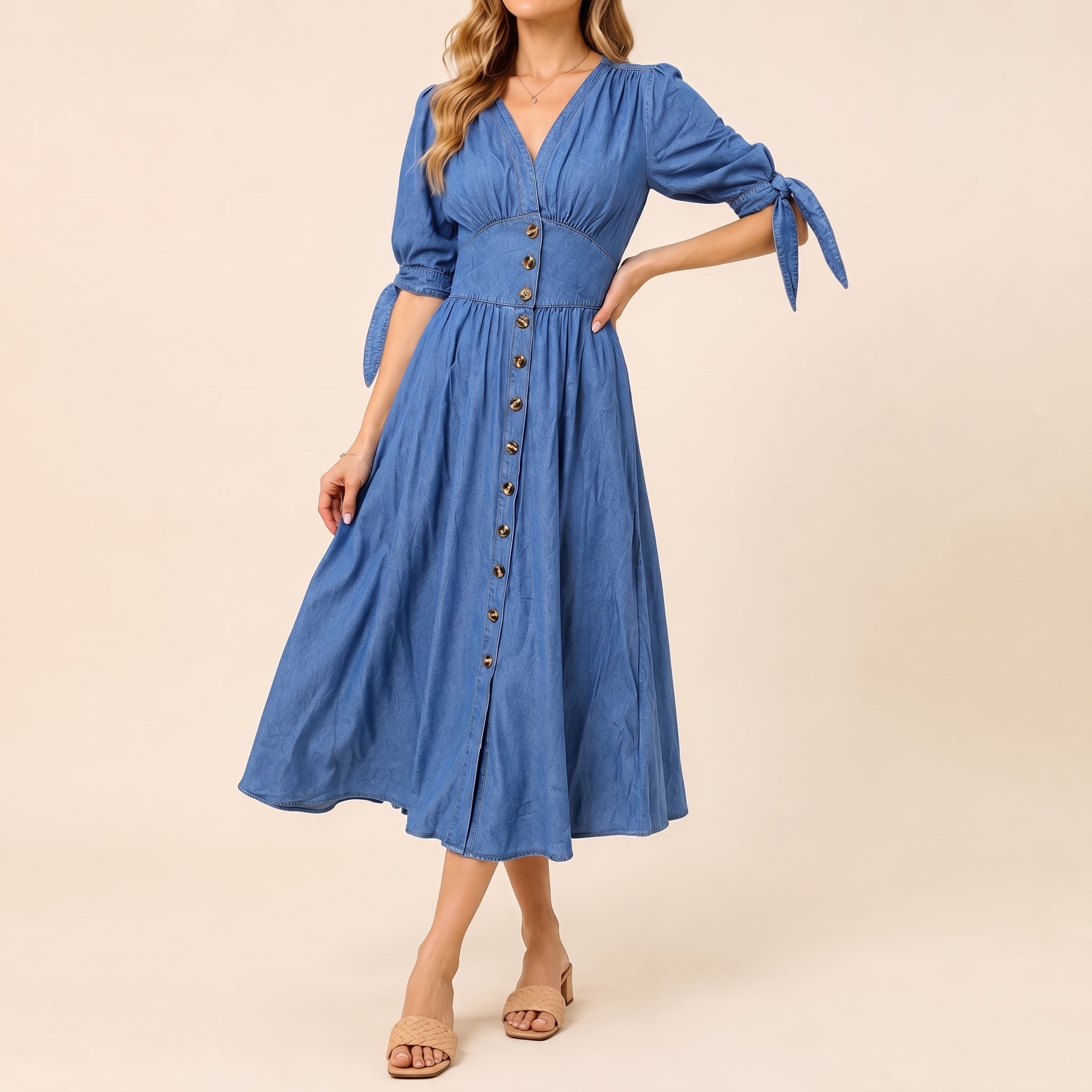 Sophie - Women's Summer Button-Down Tie Sleeve Midi Dress - Dresses - Blue - Taylor & Bennett