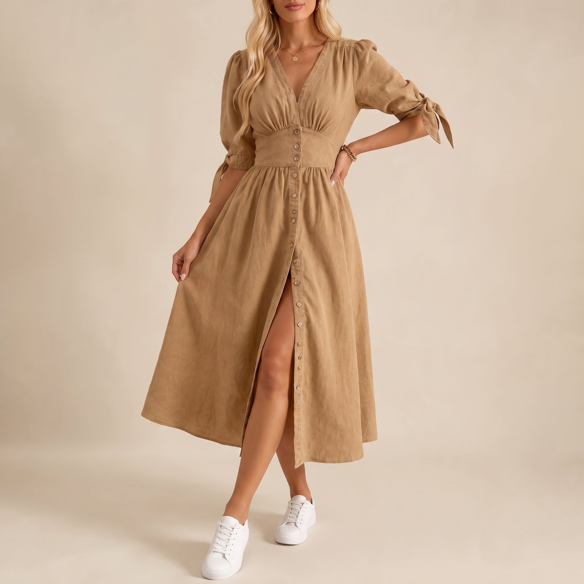 Sophie - Women's Summer Button-Down Tie Sleeve Midi Dress - Dresses - Yellow Brown - Taylor & Bennett