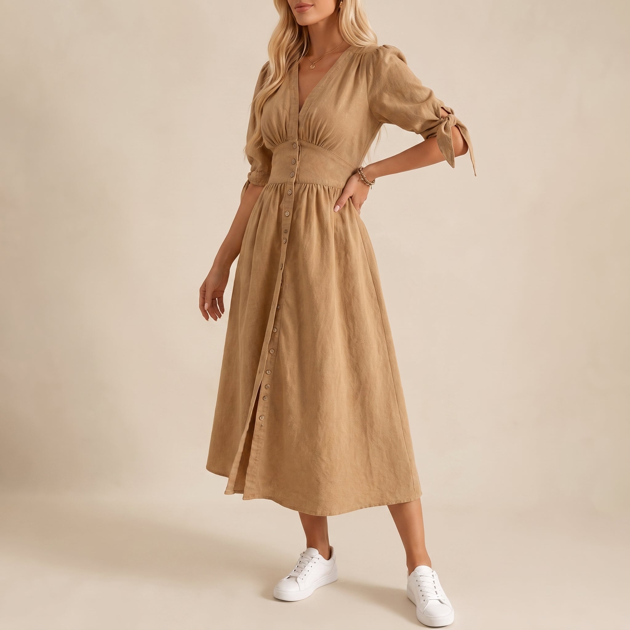 Sophie - Women's Summer Button-Down Tie Sleeve Midi Dress - Dresses - Yellow Brown - Taylor & Bennett