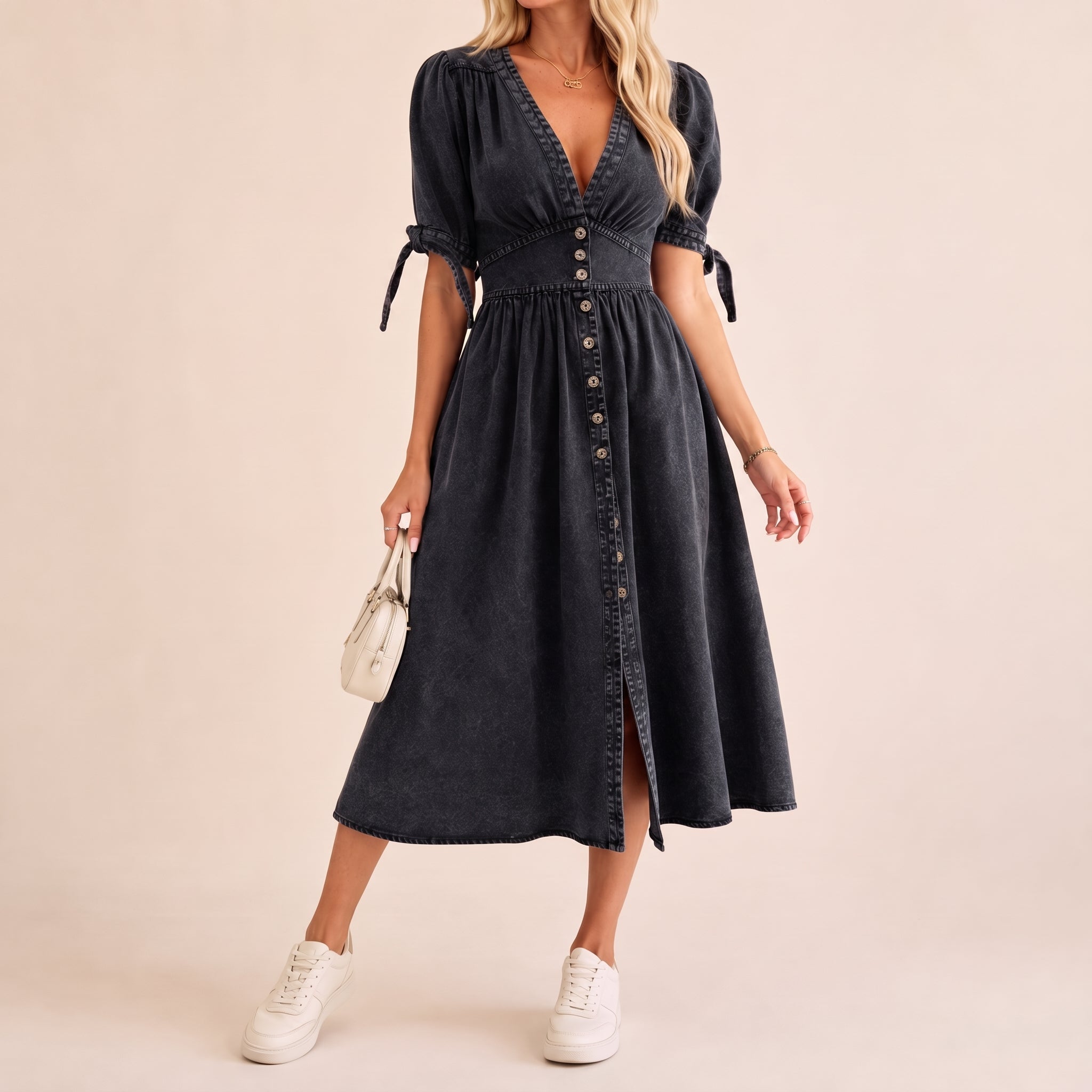 Sophie - Women's Summer Button-Down Tie Sleeve Midi Dress - Dresses - Black - Taylor & Bennett